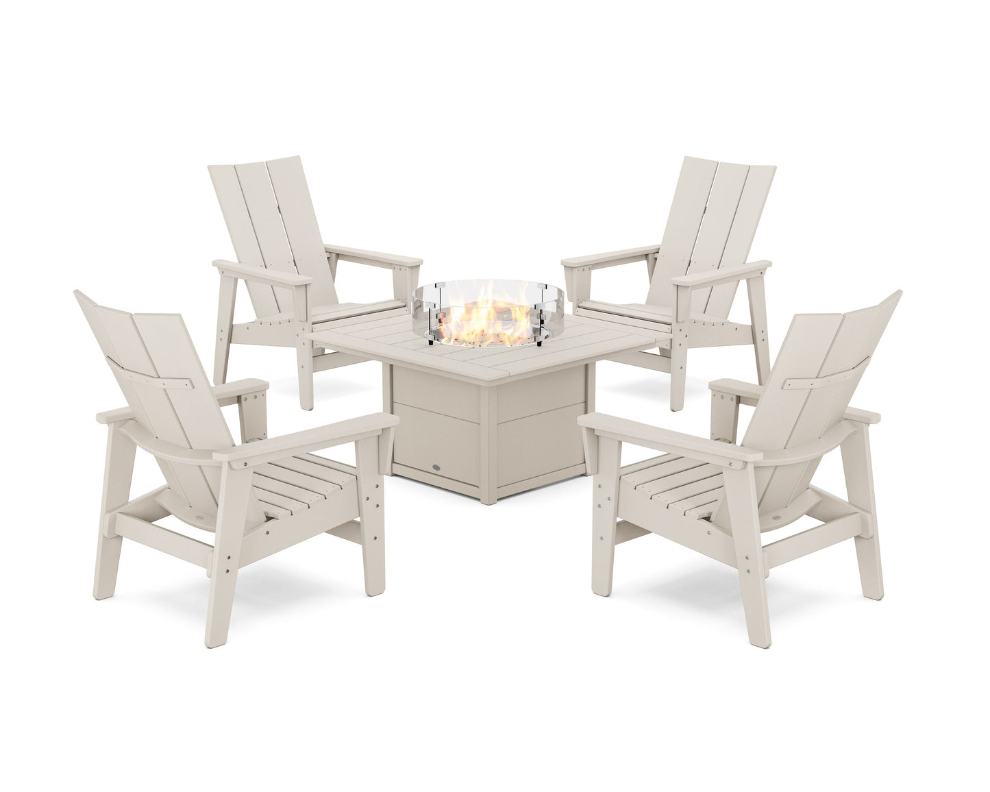 POLYWOOD 5-Piece Modern Grand Upright Adirondack Conversation Set with Fire Pit Table — Sand