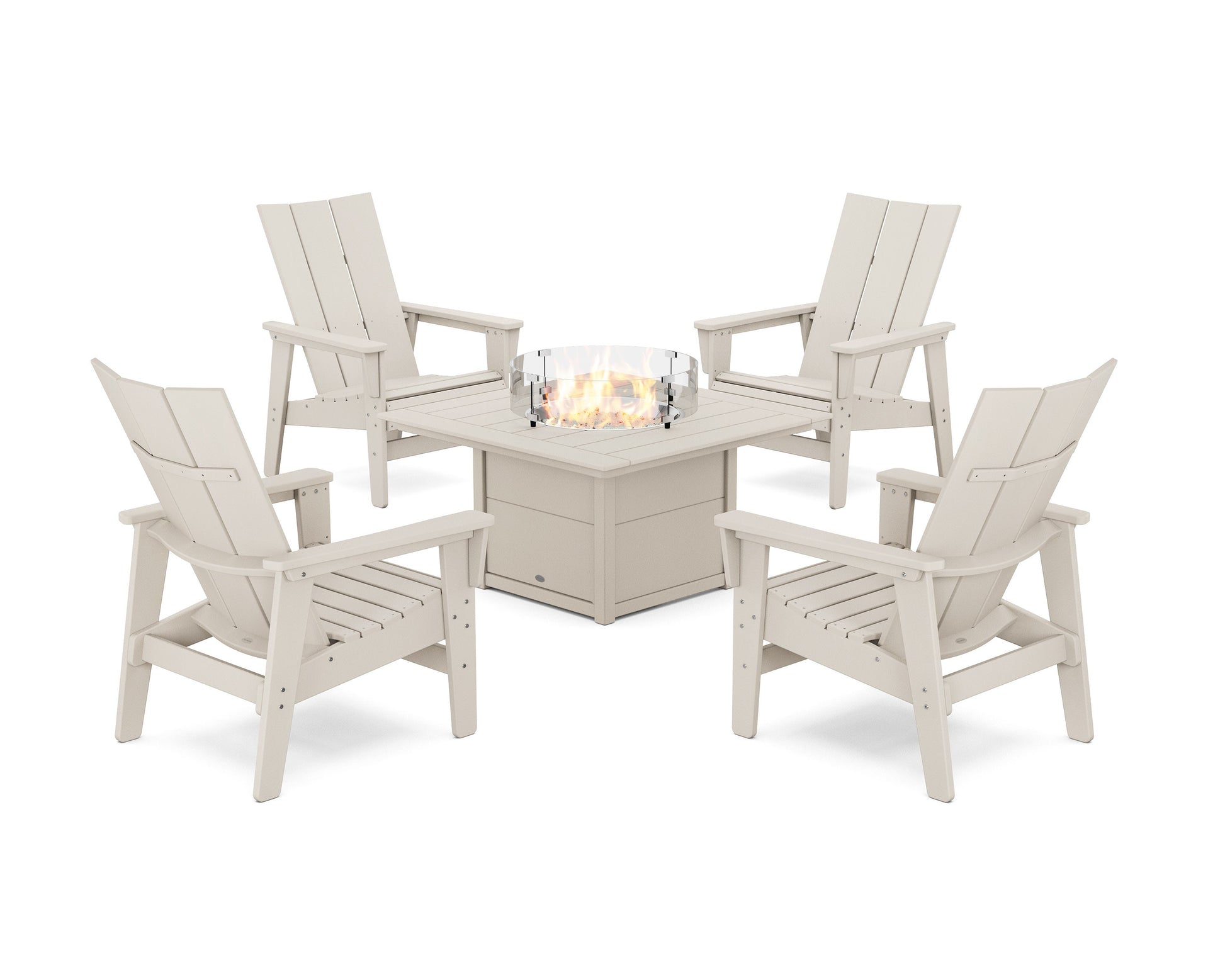 POLYWOOD 5-Piece Modern Grand Upright Adirondack Conversation Set with Fire Pit Table — Sand