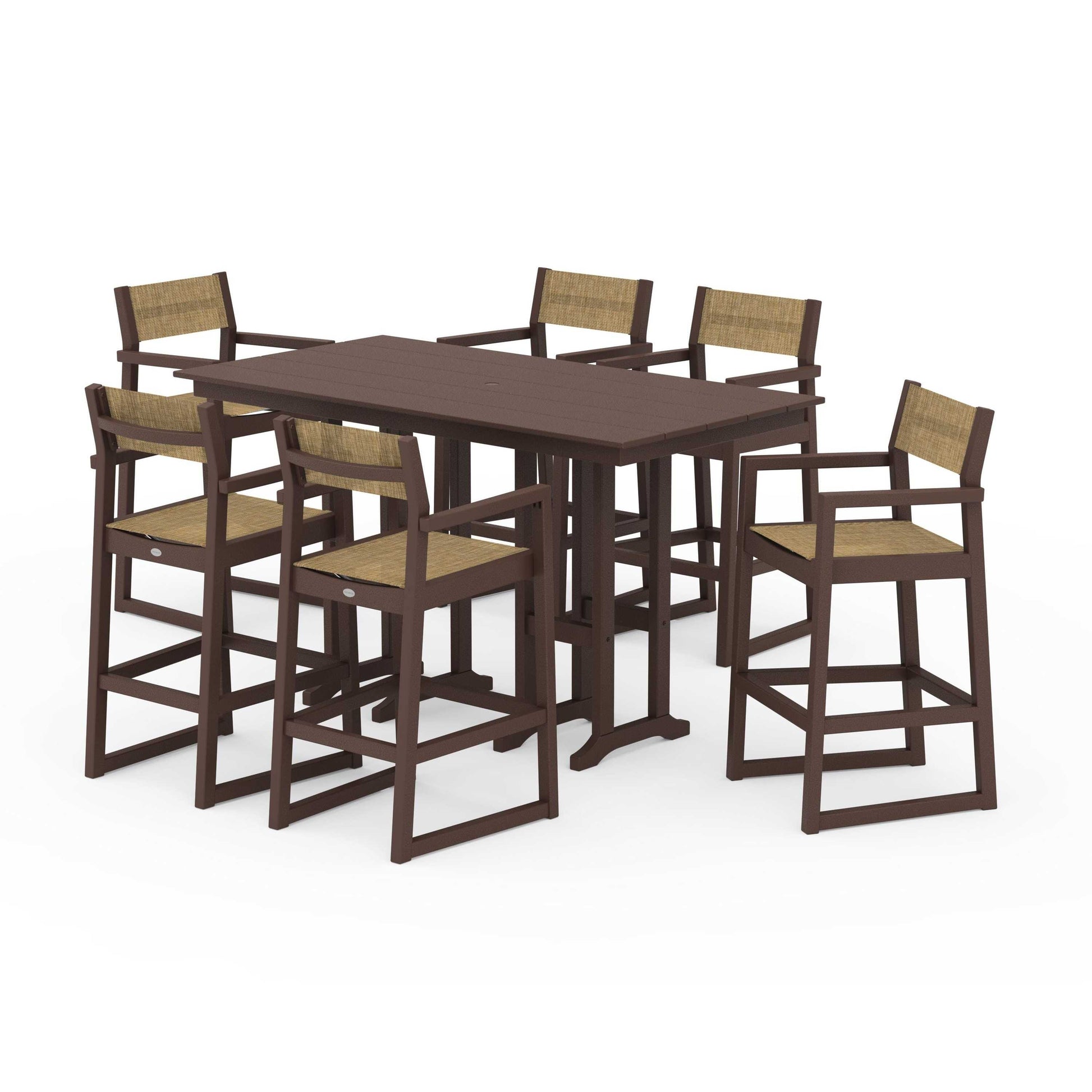 POLYWOOD EDGE Sling Arm Chair 7-Piece Farmhouse Bar Set — Mahogany / Burlap Sling