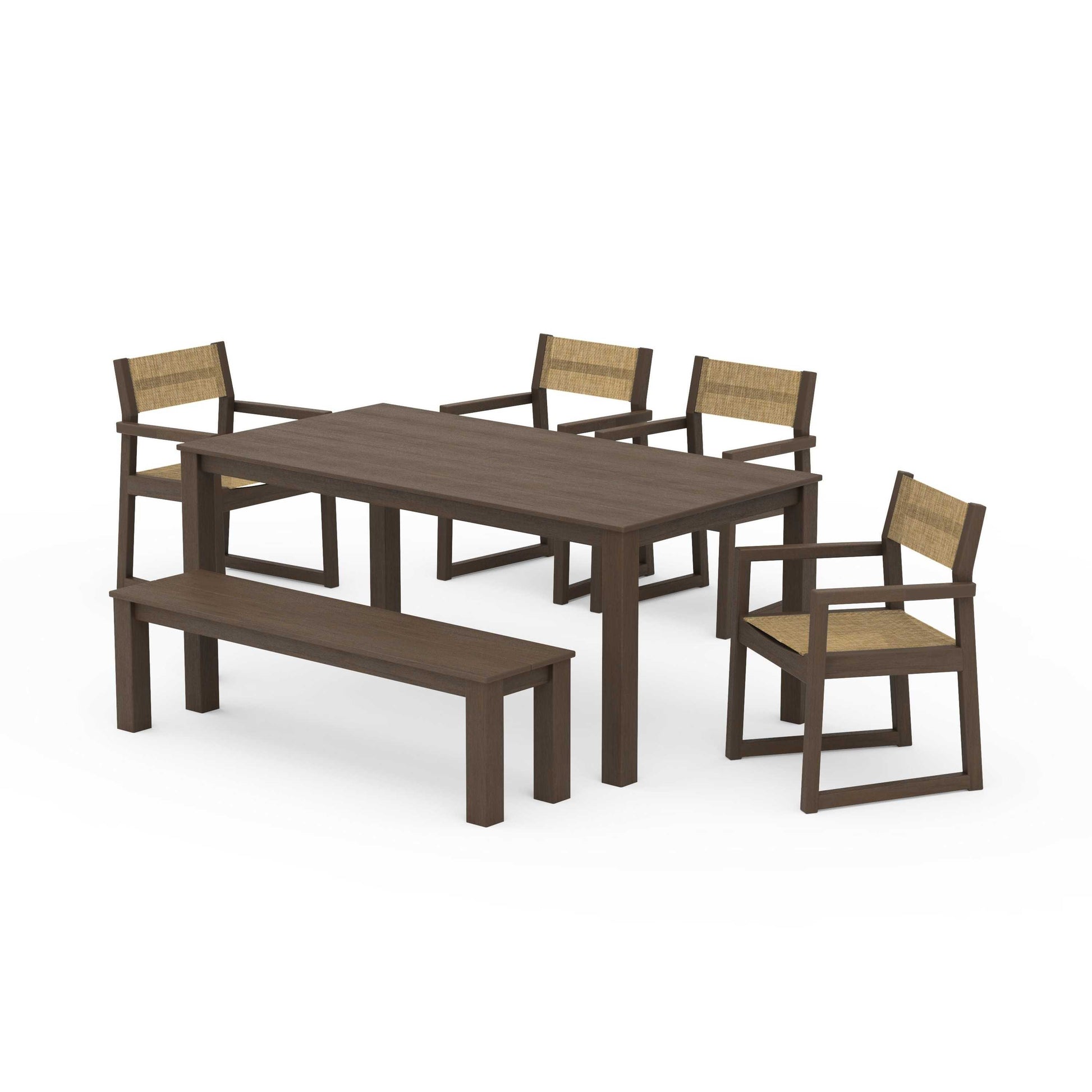 POLYWOOD EDGE Sling Arm Chair 6-Piece Parsons Dining Set with Bench — Kona / Burlap Sling