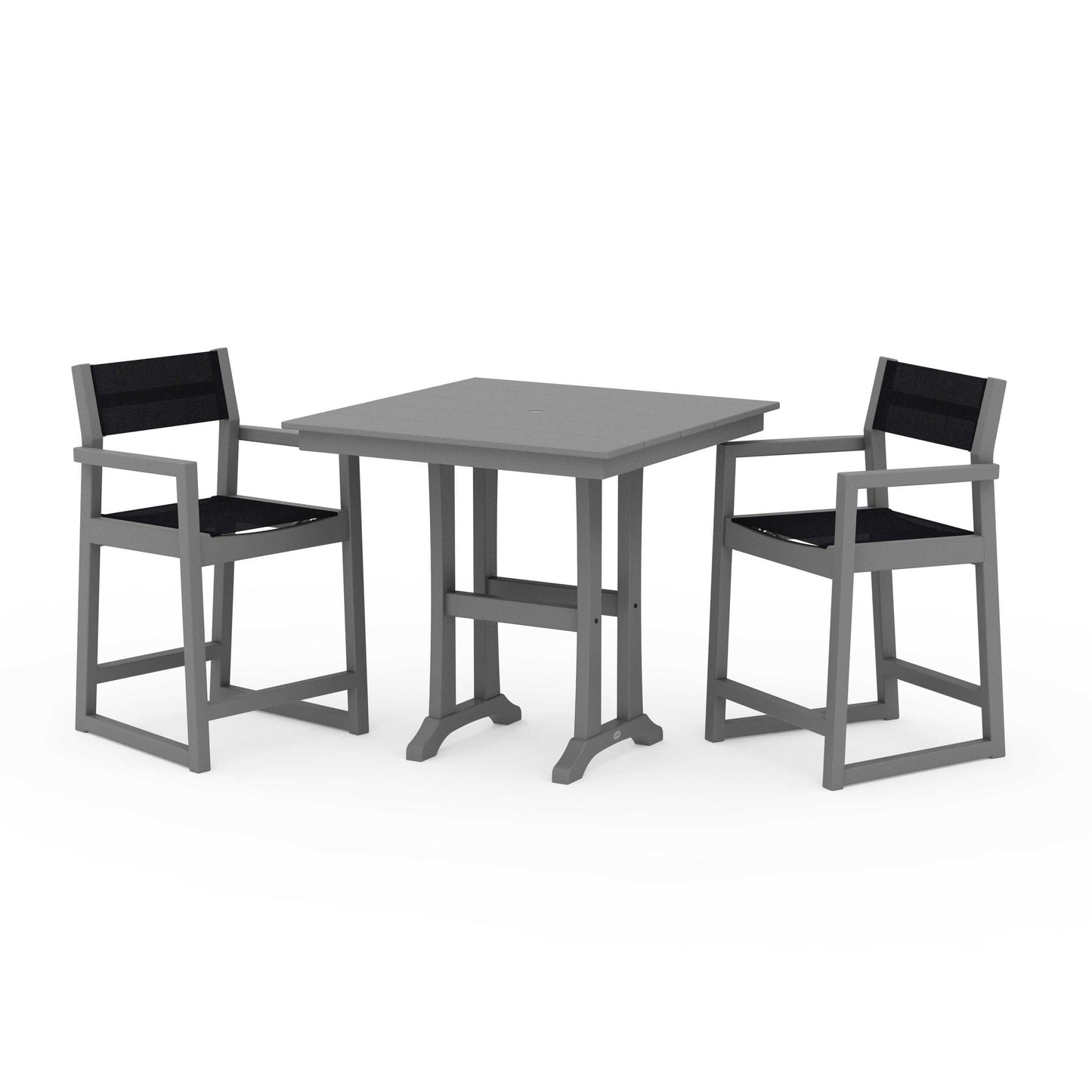 POLYWOOD EDGE Sling Arm Chair 3-Piece Farmhouse Counter Set with Trestle Legs — Slate Grey / Black Sling