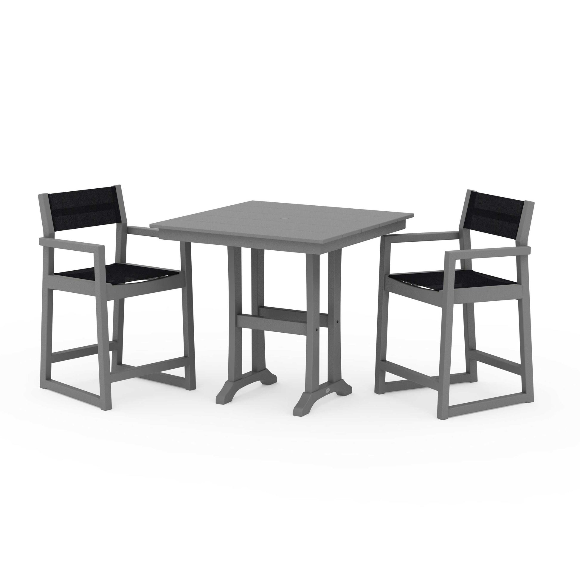 POLYWOOD EDGE Sling Arm Chair 3-Piece Farmhouse Counter Set with Trestle Legs — Slate Grey / Black Sling