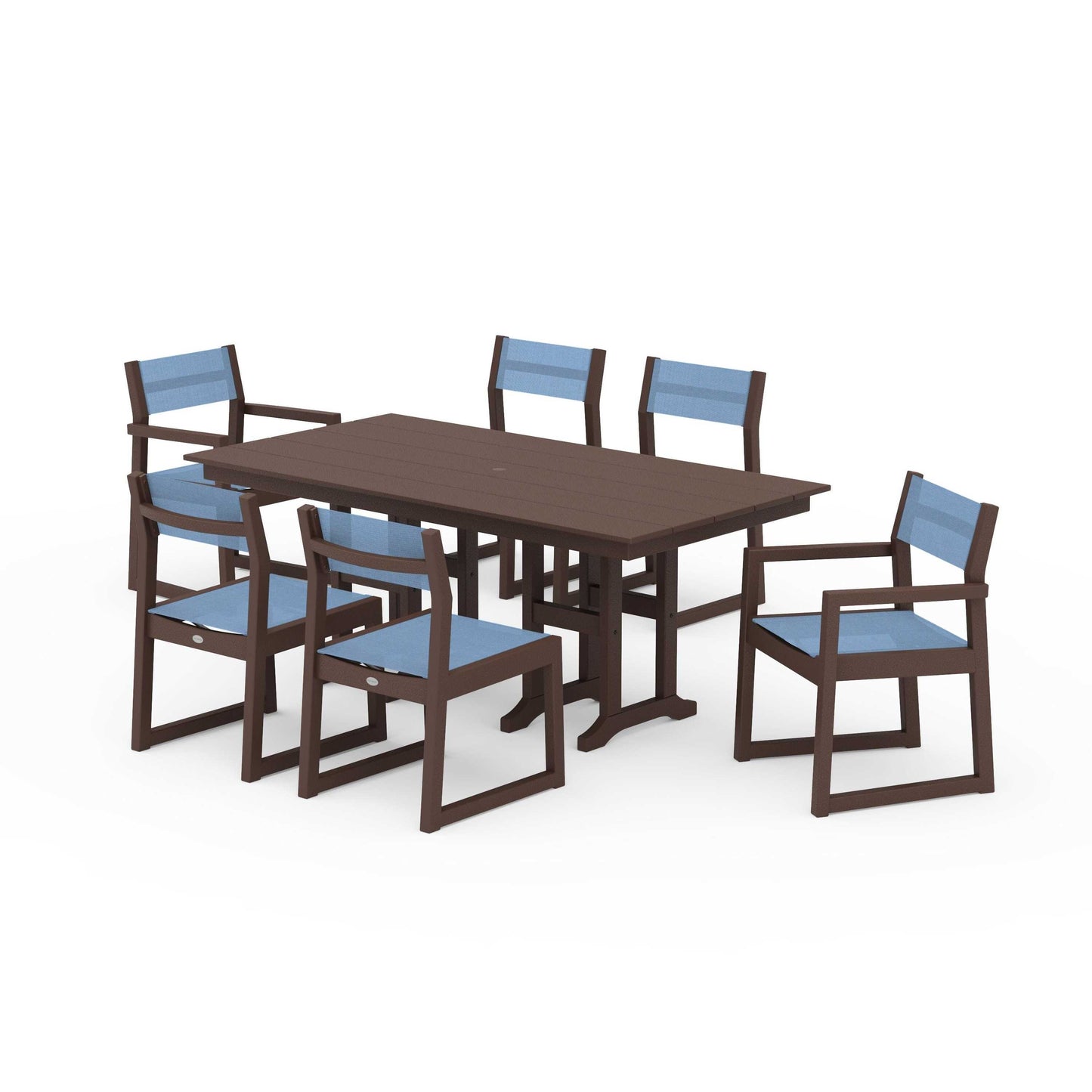 POLYWOOD EDGE Sling 7-Piece Farmhouse Dining Set — Mahogany / Poolside Sling