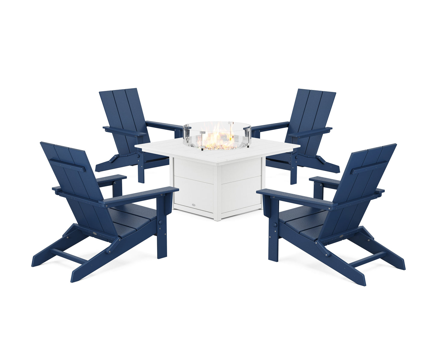 POLYWOOD 5-Piece Modern Studio Folding Adirondack Conversation Set with Fire Pit Table — Navy / White