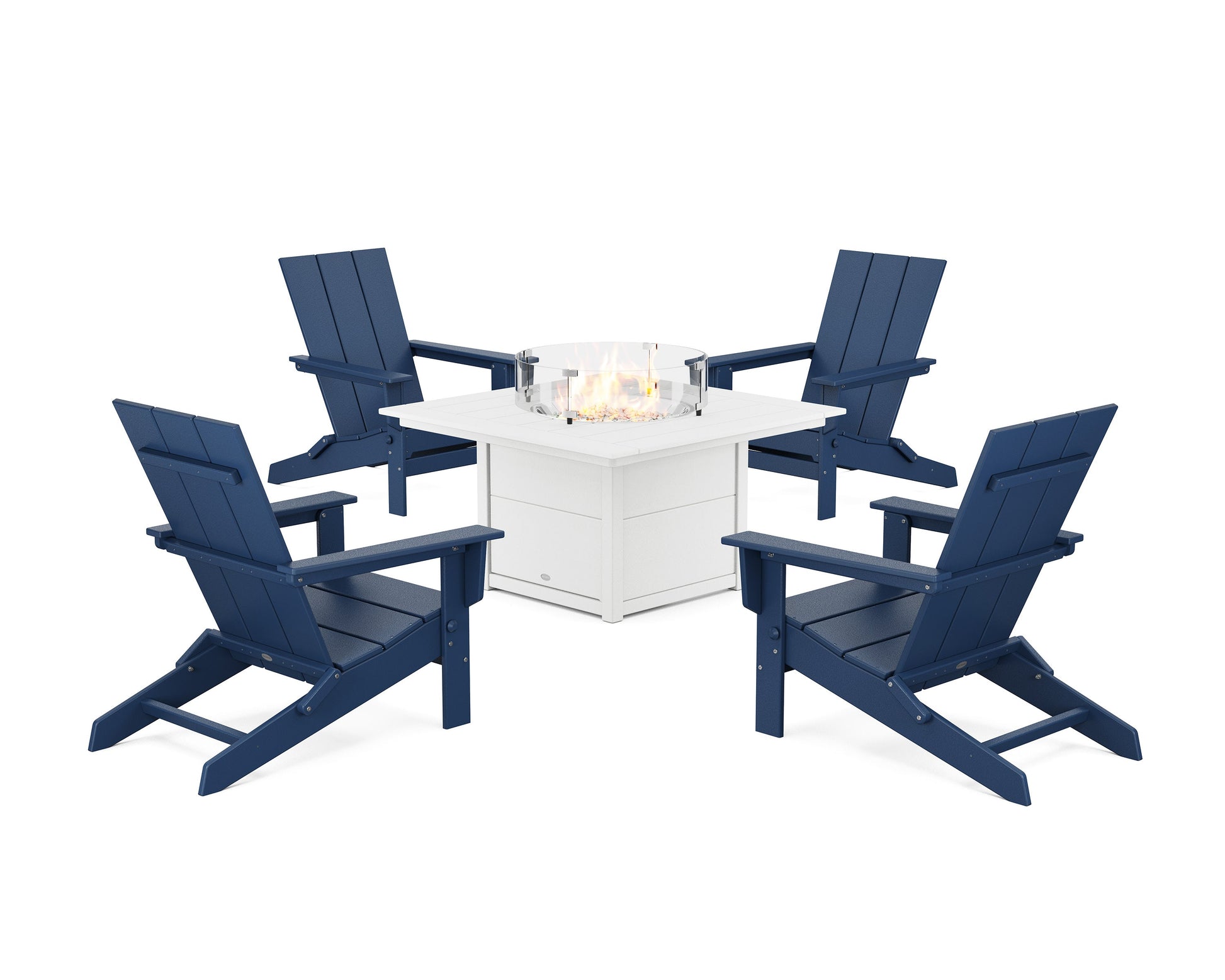POLYWOOD 5-Piece Modern Studio Folding Adirondack Conversation Set with Fire Pit Table — Navy / White