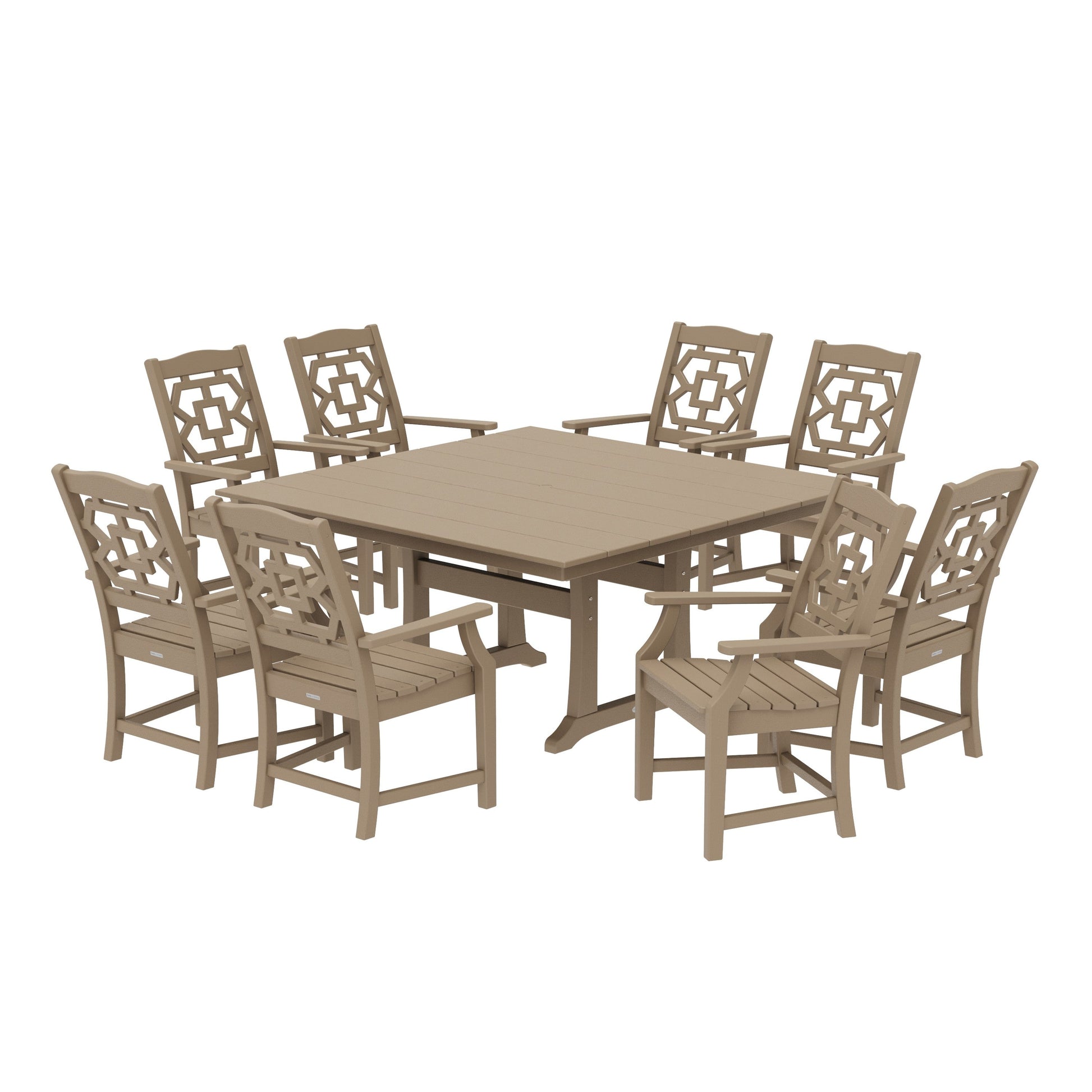 POLYWOOD Chinoiserie 9-Piece Square Farmhouse Dining Set with Trestle Legs — Vintage Sahara