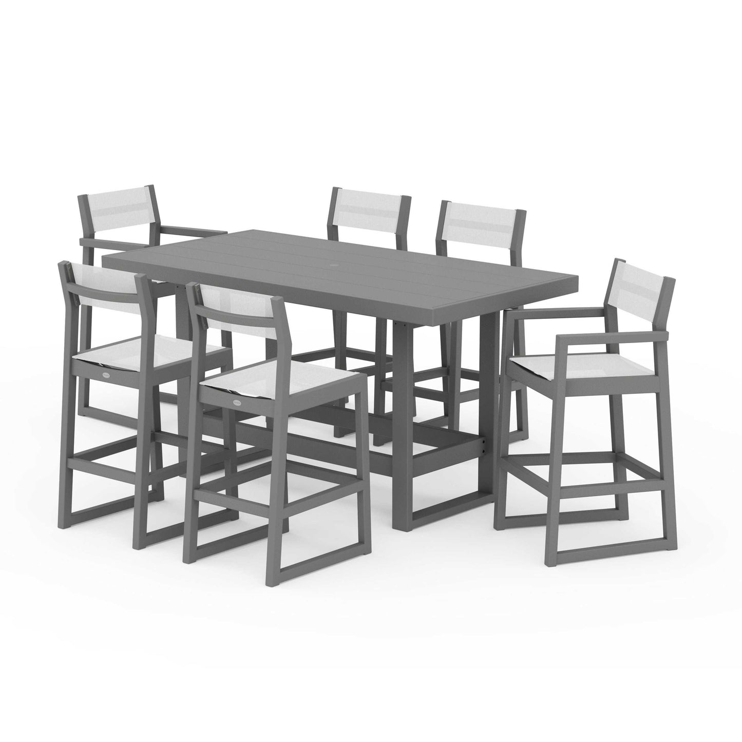 POLYWOOD EDGE Sling 7-Piece Bar Table Set — Slate Grey / White Sling