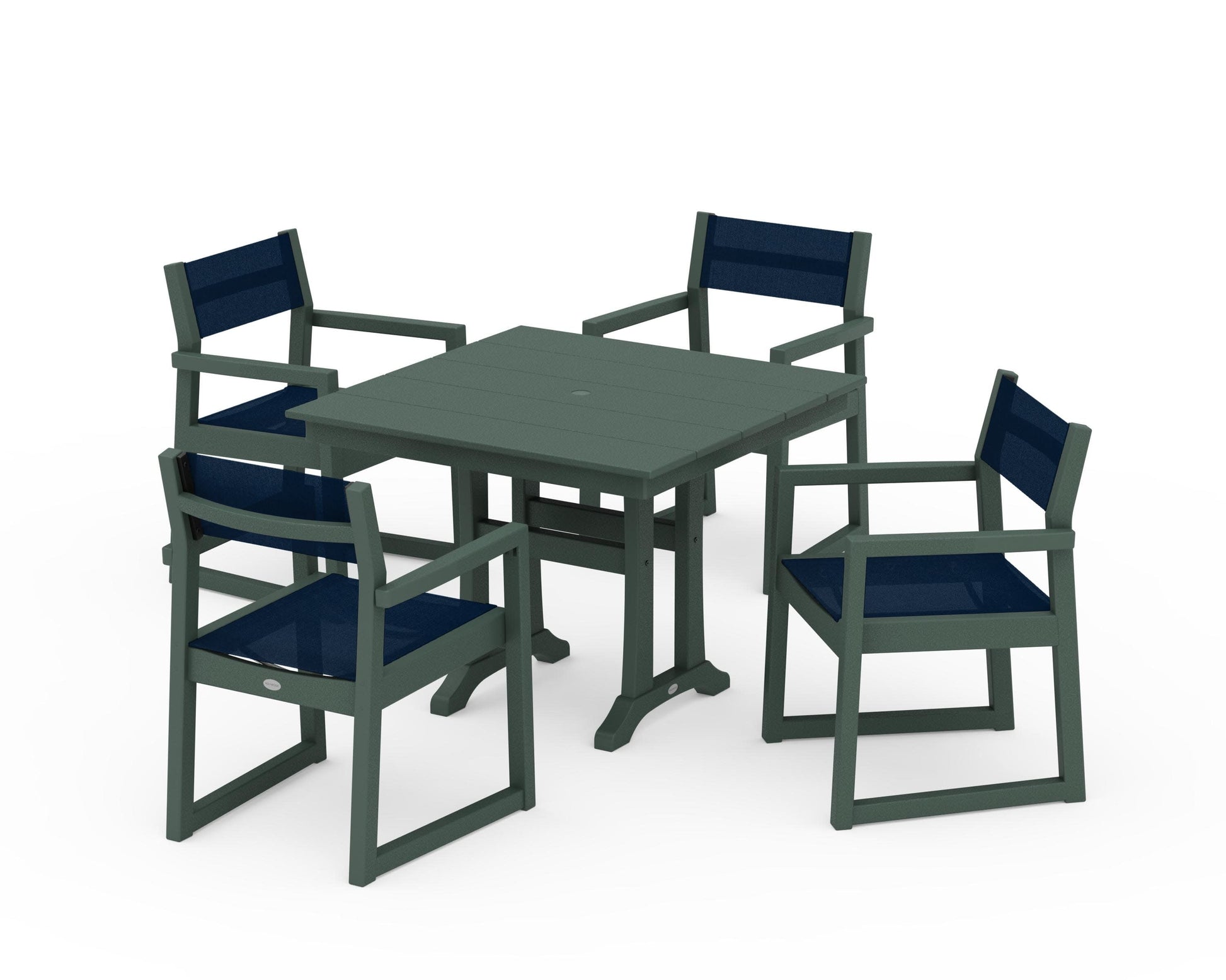POLYWOOD EDGE Sling 5-Piece Farmhouse Dining Set with Trestle Legs — Green / Navy Blue Sling