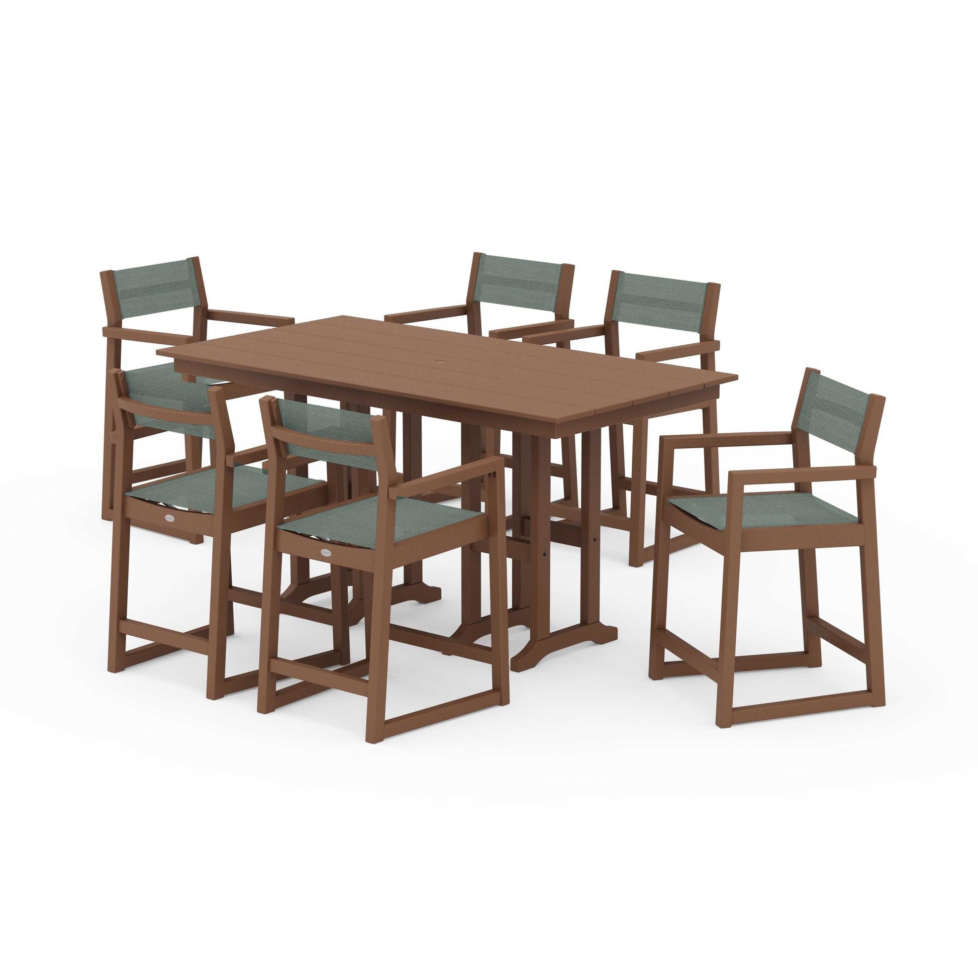 POLYWOOD EDGE Sling Arm Chair 7-Piece Farmhouse Counter Set — Teak / Dupioni Sea Mist Sling
