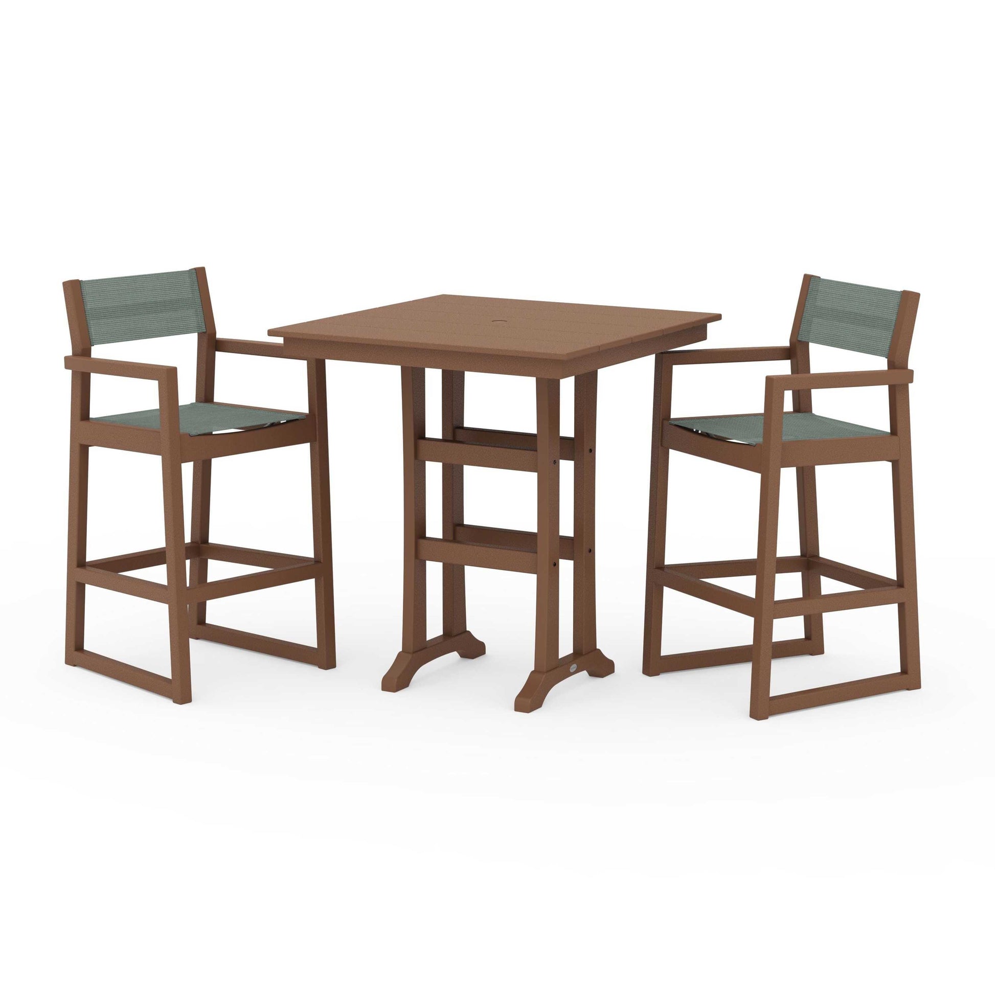 POLYWOOD EDGE Sling Arm Chair 3-Piece Farmhouse Bar Set with Trestle Legs — Teak / Dupioni Sea Mist Sling