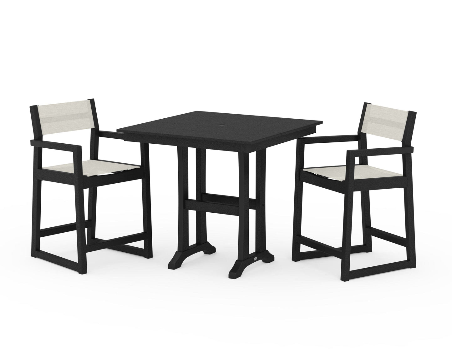 POLYWOOD EDGE Sling Arm Chair 3-Piece Farmhouse Counter Set with Trestle Legs — Black / Parchment Sling