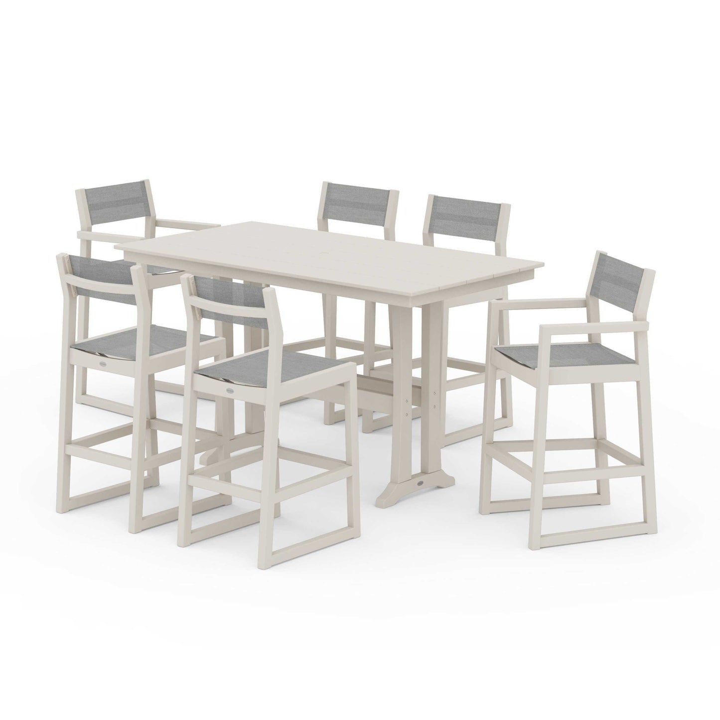 POLYWOOD EDGE Sling 7-Piece Farmhouse Bar Set with Trestle Legs — Sand / Metallic Sling
