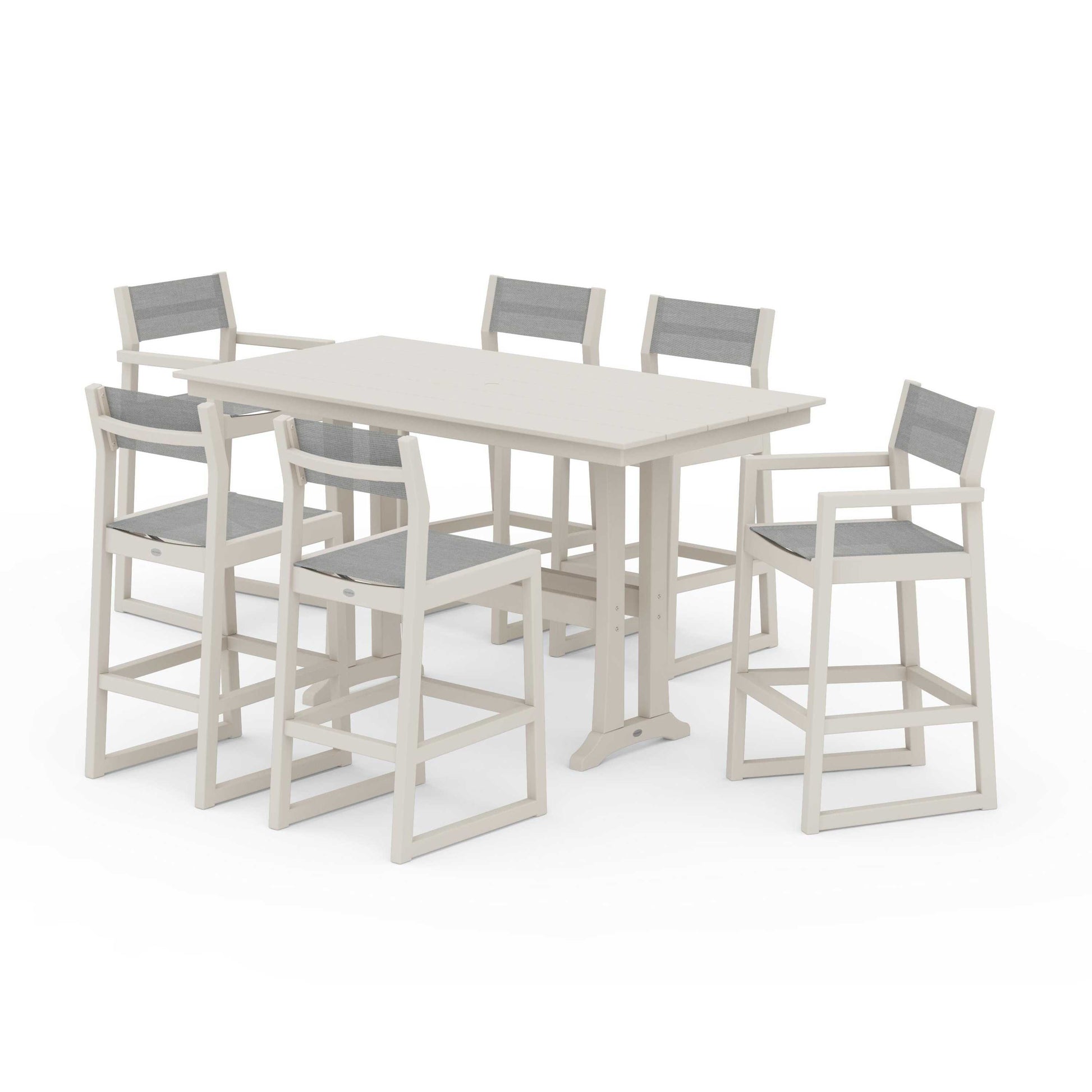 POLYWOOD EDGE Sling 7-Piece Farmhouse Bar Set with Trestle Legs — Sand / Metallic Sling