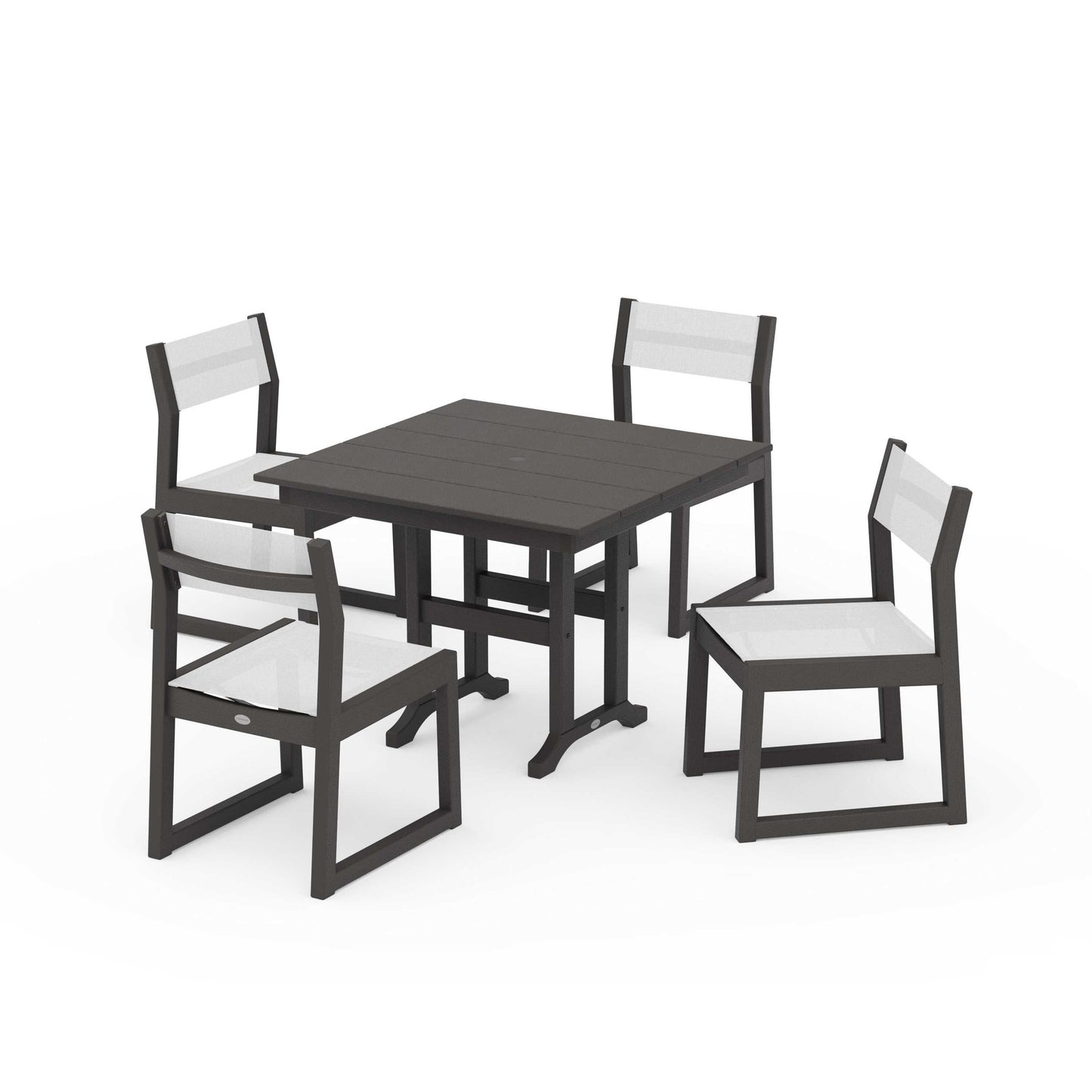 POLYWOOD EDGE Sling Side Chair 5-Piece Farmhouse Dining Set — Vintage Coffee / White Sling