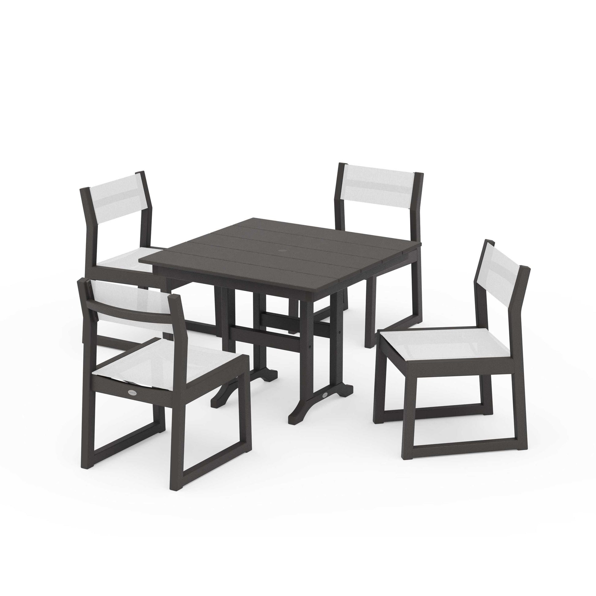 POLYWOOD EDGE Sling Side Chair 5-Piece Farmhouse Dining Set — Vintage Coffee / White Sling
