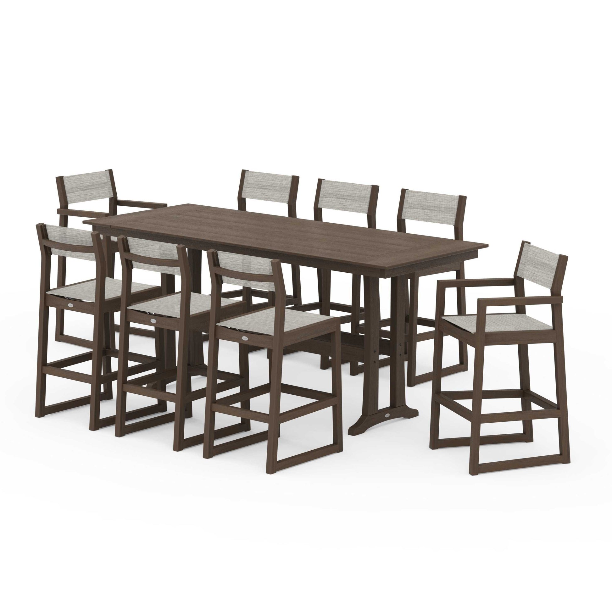POLYWOOD EDGE Sling 9-Piece Farmhouse Bar Set with Trestle Legs — Kona / Birch Sling