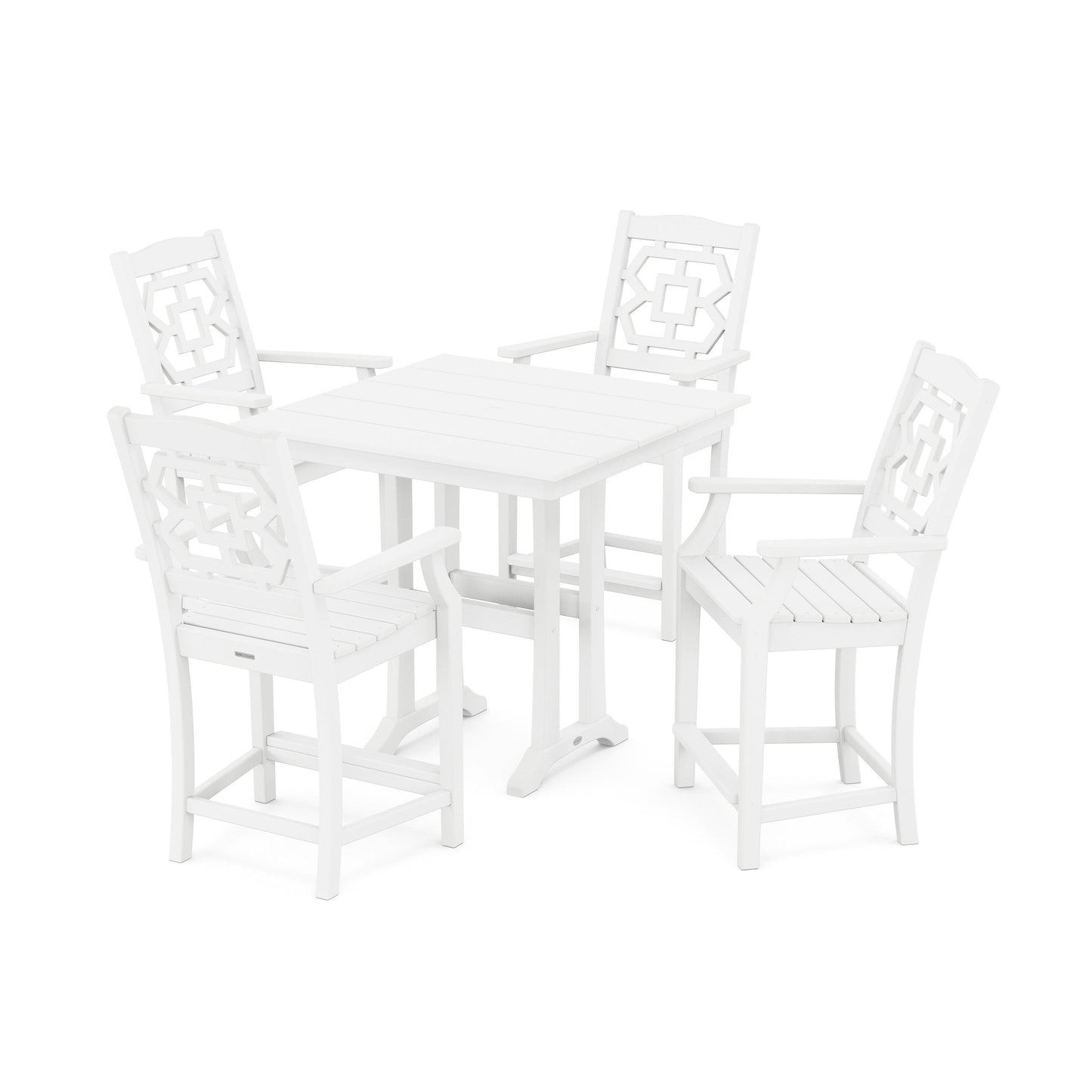 POLYWOOD Chinoiserie 5-Piece Farmhouse Counter Set with Trestle Legs — White