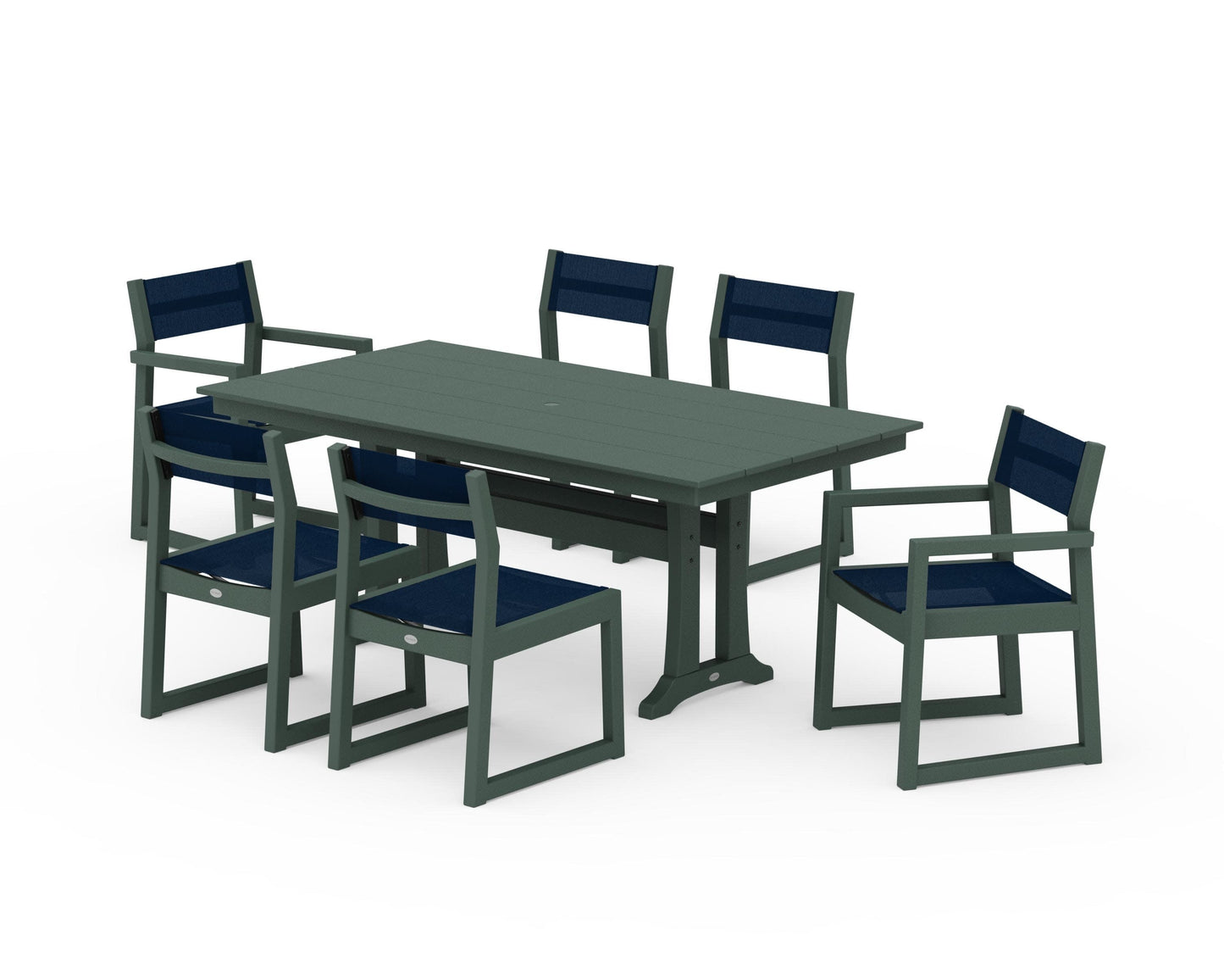 POLYWOOD EDGE Sling 7-Piece Farmhouse Trestle Dining Set — Green / Navy Blue Sling
