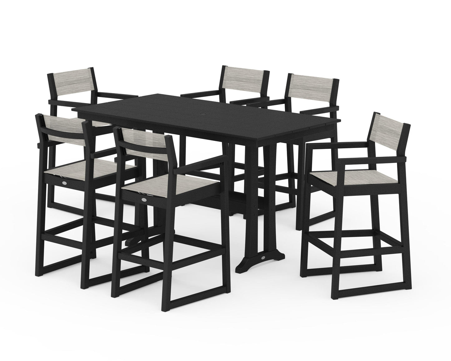 POLYWOOD EDGE Sling Arm Chair 7-Piece Farmhouse Bar Set with Trestle Legs — Black / Birch Sling