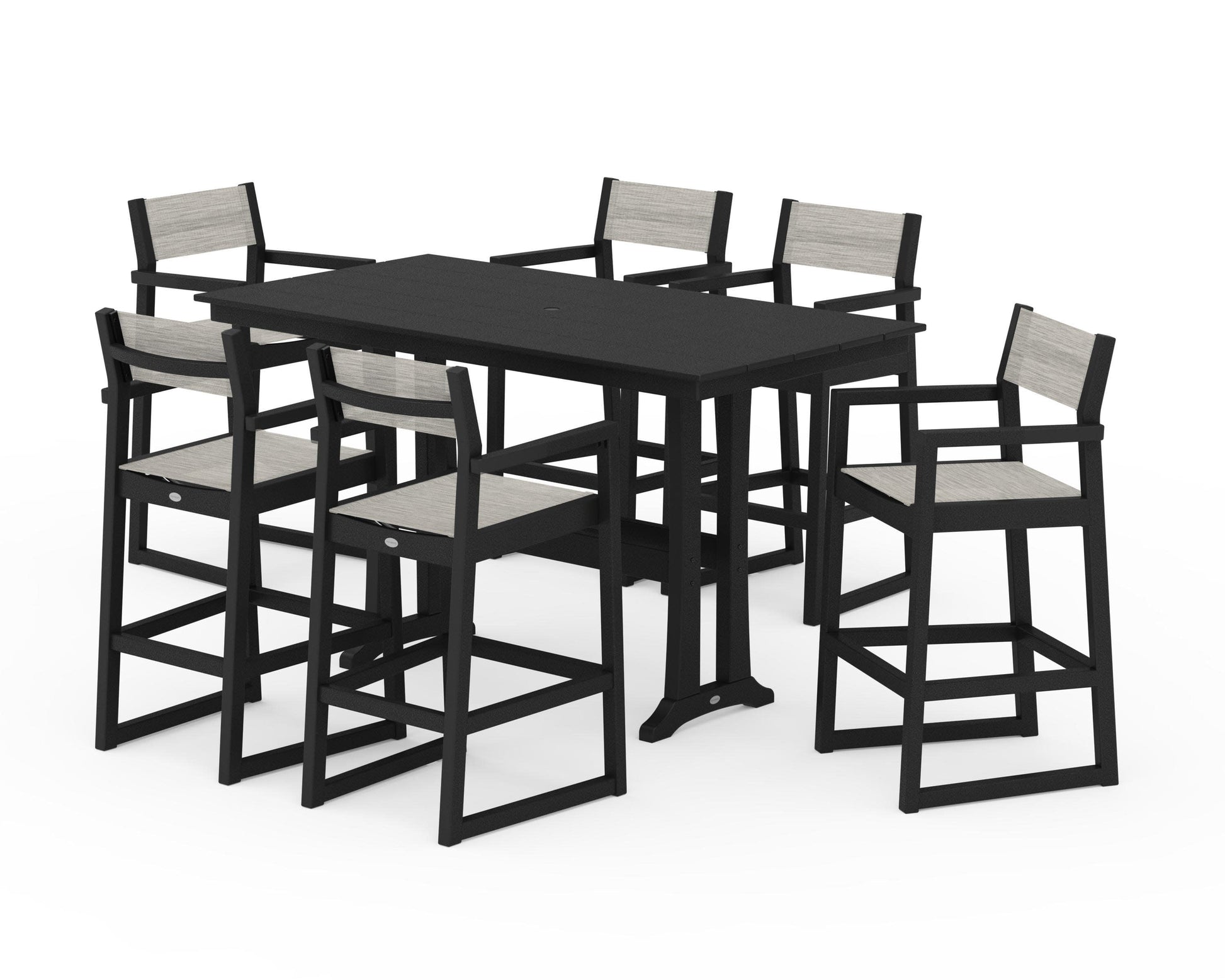 POLYWOOD EDGE Sling Arm Chair 7-Piece Farmhouse Bar Set with Trestle Legs — Black / Birch Sling