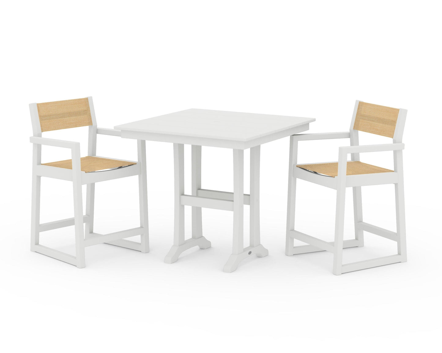 POLYWOOD EDGE Sling Arm Chair 3-Piece Farmhouse Counter Set with Trestle Legs — Vintage White / Dupioni Apricot Sling