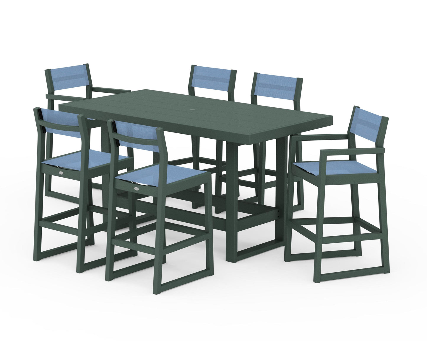 POLYWOOD EDGE Sling 7-Piece Bar Table Set — Green / Poolside Sling
