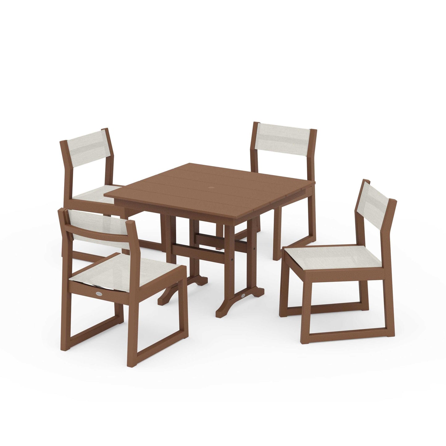 POLYWOOD EDGE Sling Side Chair 5-Piece Farmhouse Dining Set — Teak / Parchment Sling