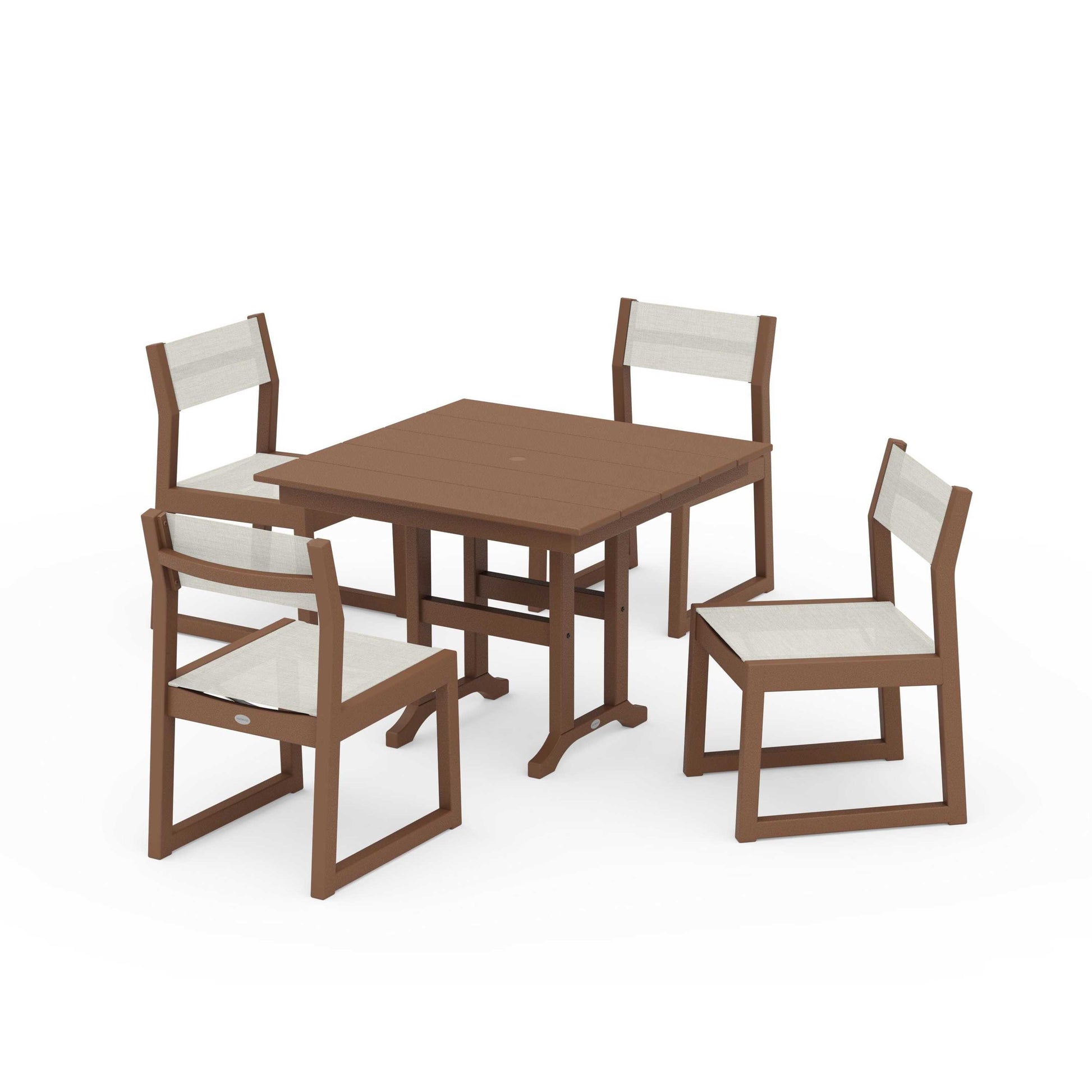 POLYWOOD EDGE Sling Side Chair 5-Piece Farmhouse Dining Set — Teak / Parchment Sling