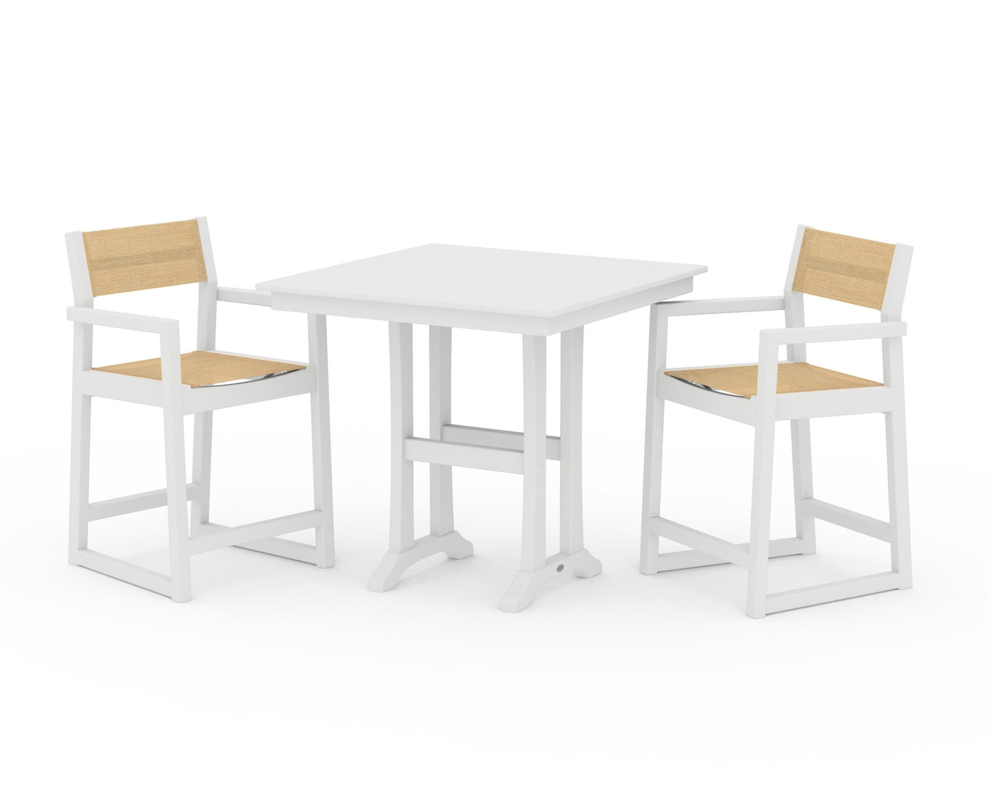 POLYWOOD EDGE Sling Arm Chair 3-Piece Farmhouse Counter Set with Trestle Legs — White / Dupioni Apricot Sling