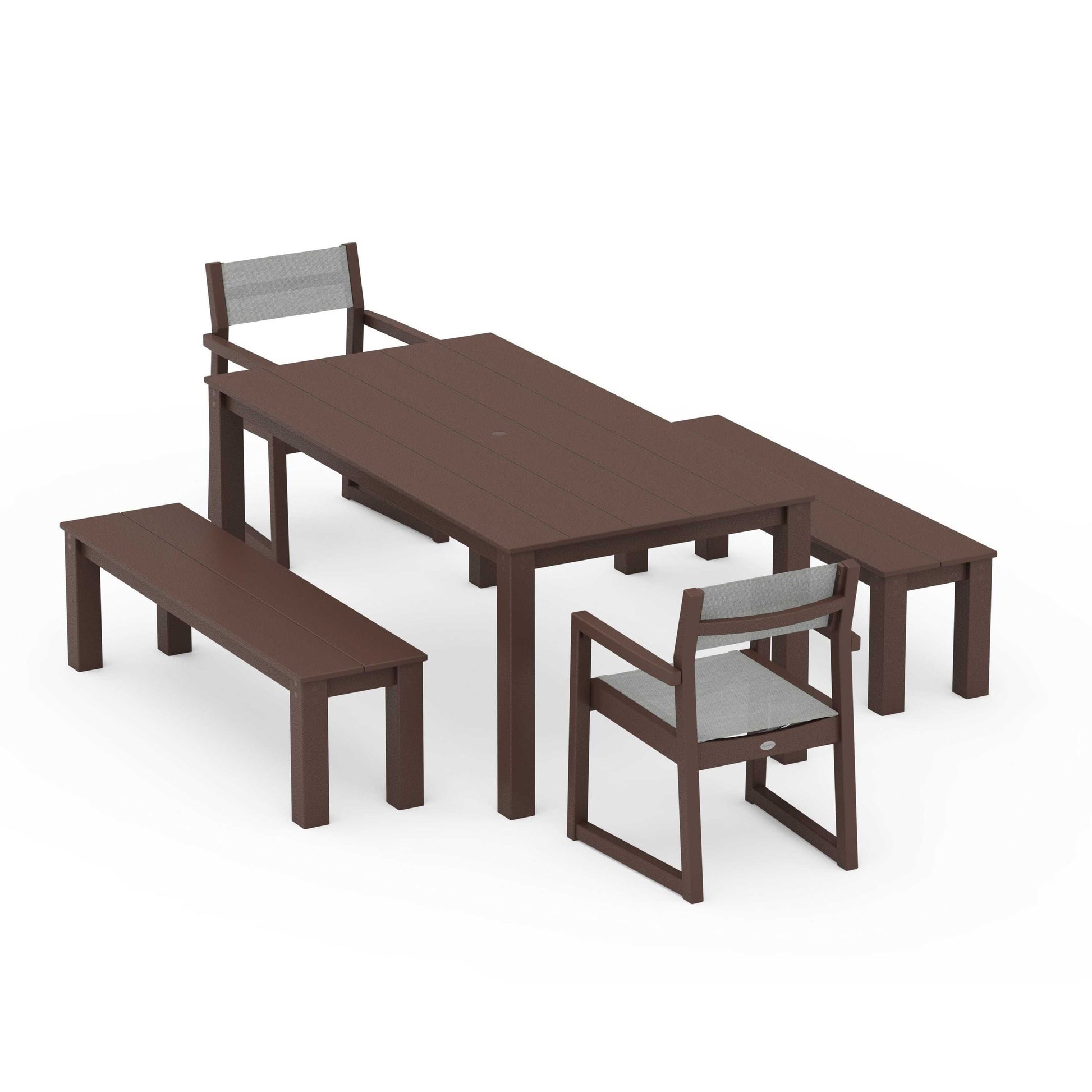POLYWOOD EDGE Sling Arm Chair 5-Piece Parsons Dining Set with Benches — Mahogany / Metallic Sling