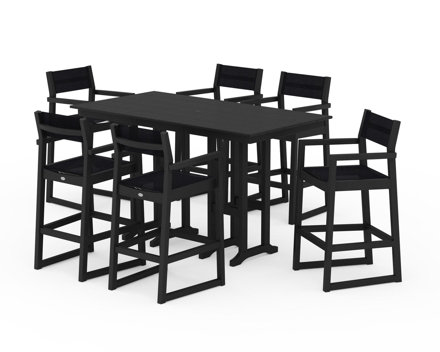 POLYWOOD EDGE Sling Arm Chair 7-Piece Farmhouse Bar Set — Black / Black Sling