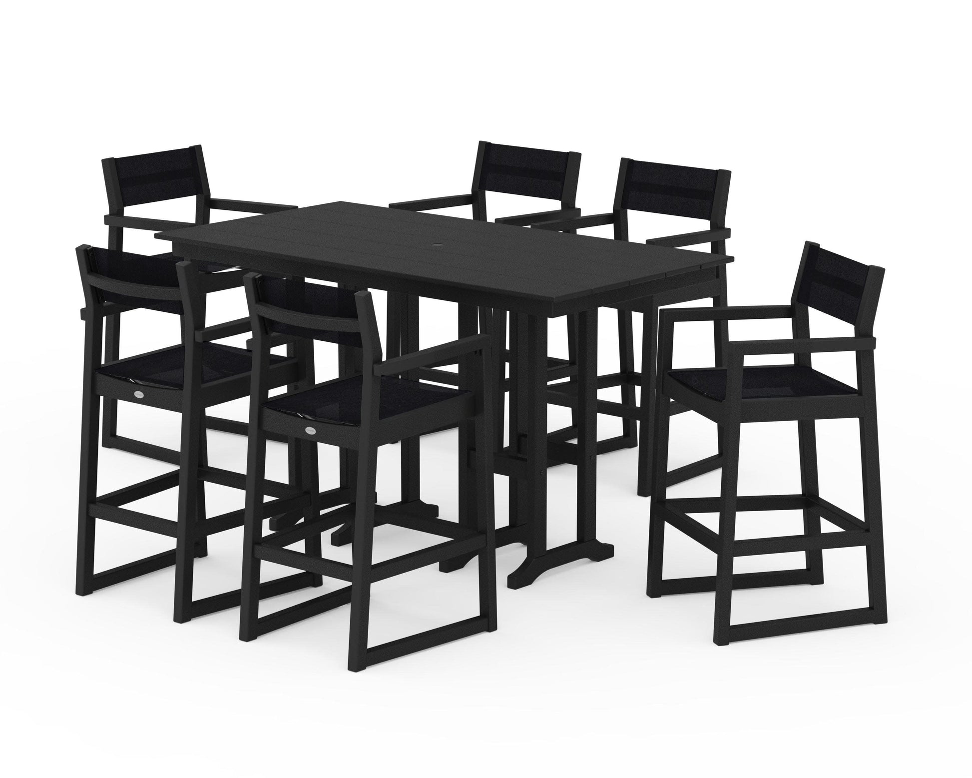 POLYWOOD EDGE Sling Arm Chair 7-Piece Farmhouse Bar Set — Black / Black Sling