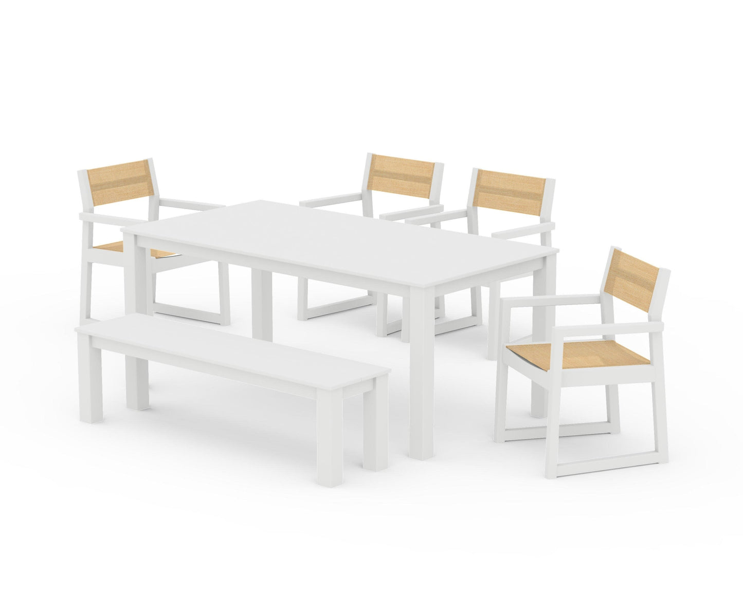 POLYWOOD EDGE Sling Arm Chair 6-Piece Parsons Dining Set with Bench — White / Dupioni Apricot Sling
