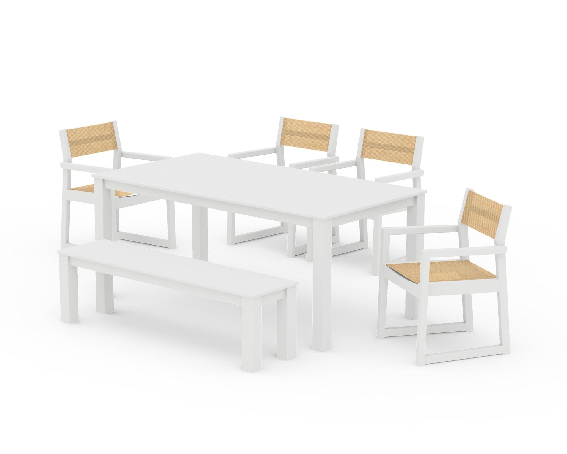 POLYWOOD EDGE Sling Arm Chair 6-Piece Parsons Dining Set with Bench — White / Dupioni Apricot Sling