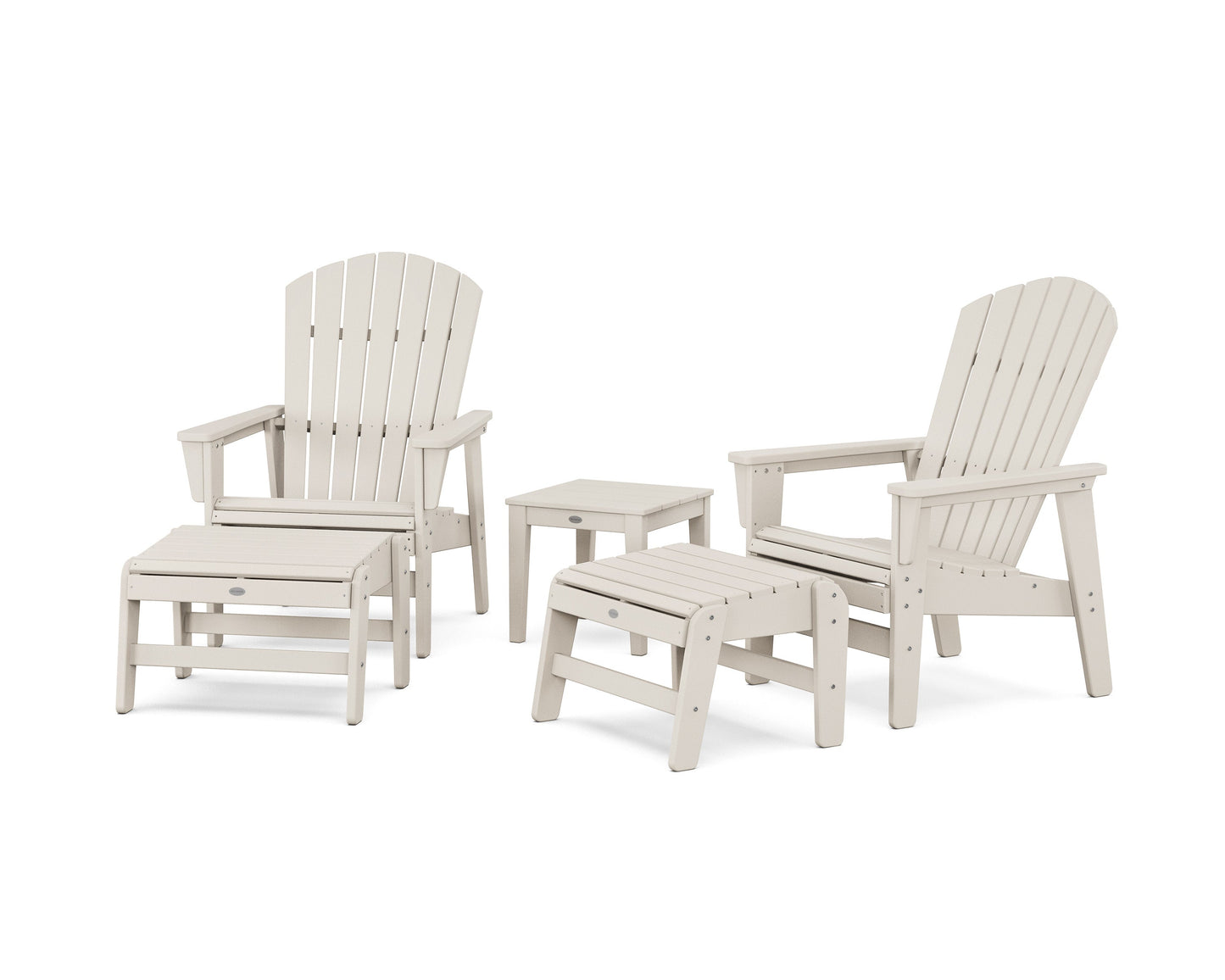POLYWOOD 5-Piece Nautical Grand Upright Adirondack Set with Ottomans and Side Table — Sand