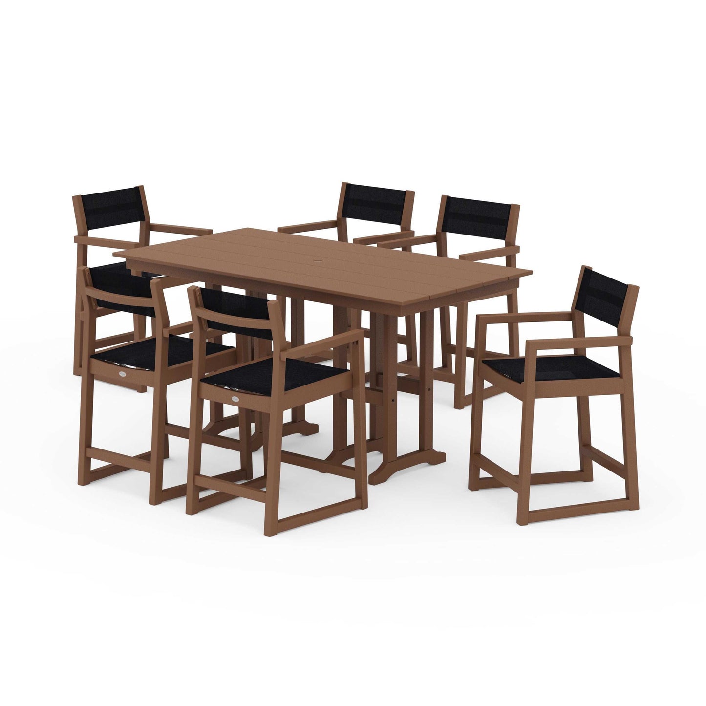 POLYWOOD EDGE Sling Arm Chair 7-Piece Farmhouse Counter Set — Teak / Black Sling