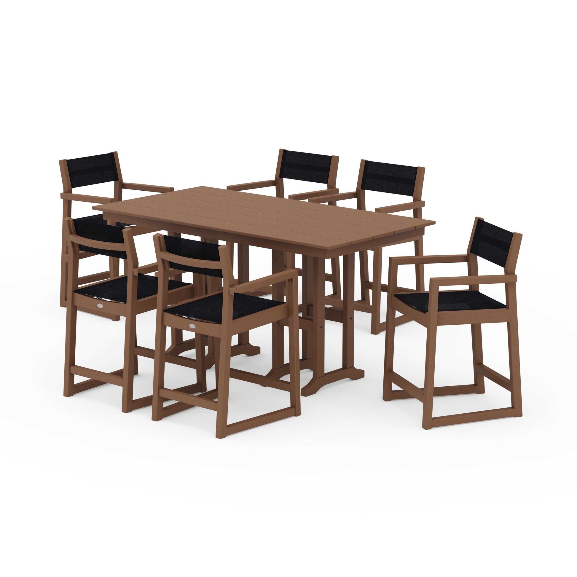 POLYWOOD EDGE Sling Arm Chair 7-Piece Farmhouse Counter Set — Teak / Black Sling