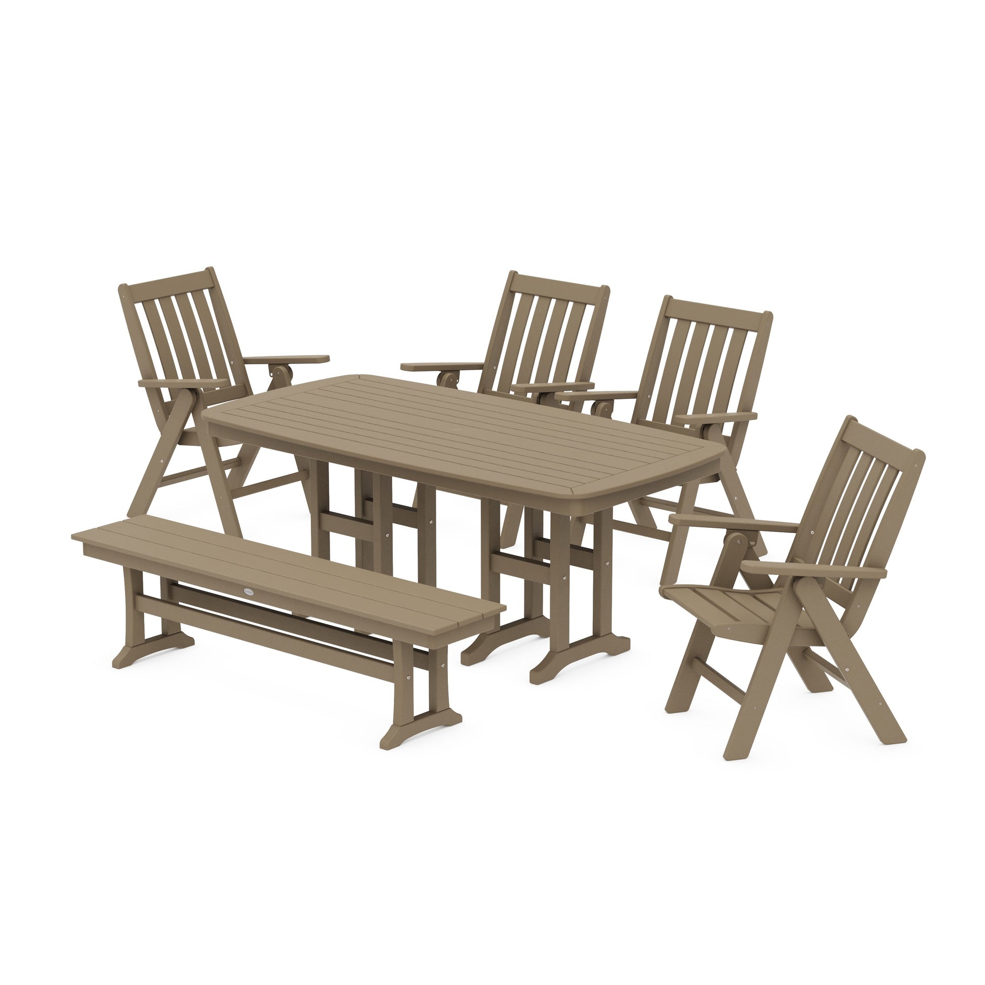 POLYWOOD Vineyard Folding Chair 6-Piece Dining Set with Bench — Vintage Sahara