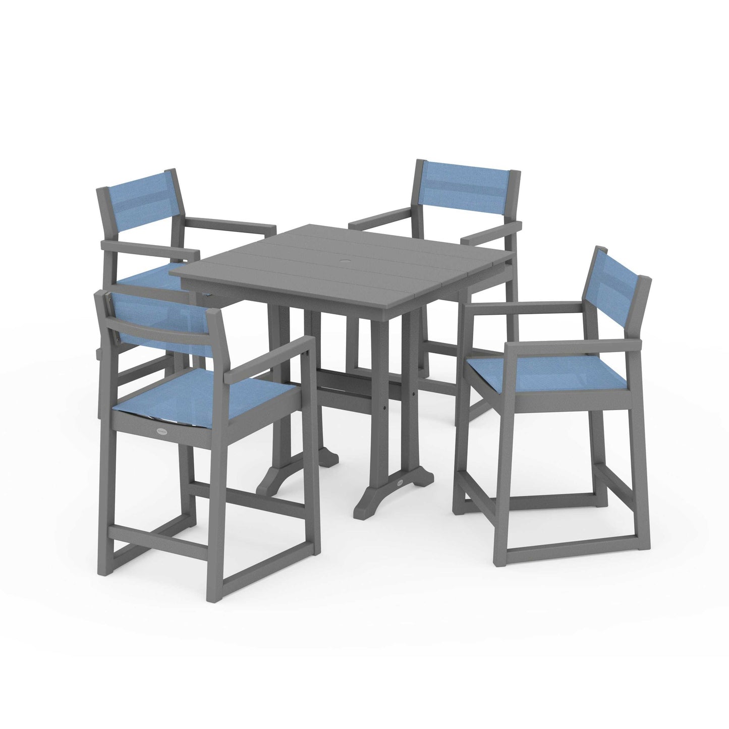 POLYWOOD EDGE Sling Arm Chair 5-Piece Farmhouse Counter Set with Trestle Legs — Slate Grey / Poolside Sling