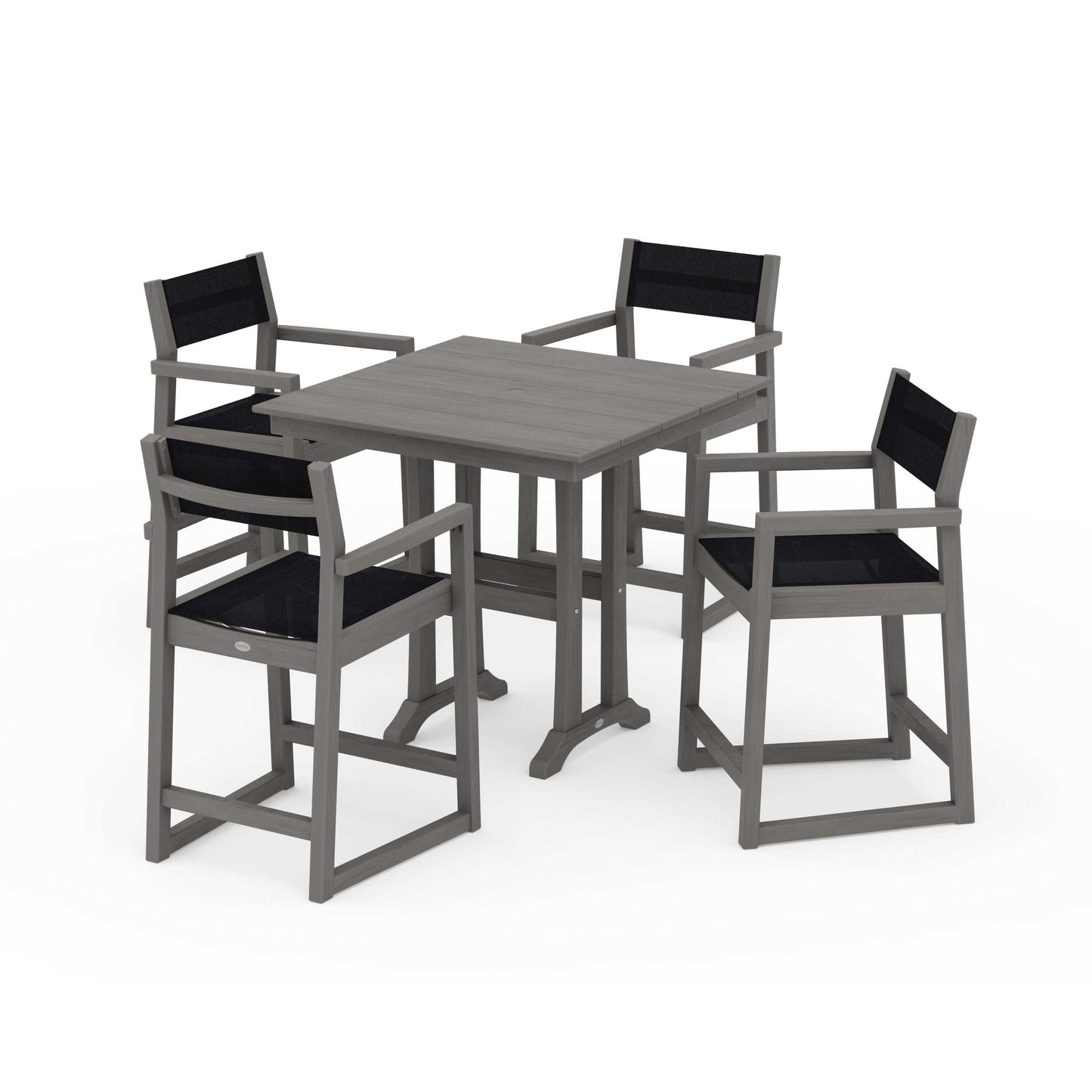 POLYWOOD EDGE Sling Arm Chair 5-Piece Farmhouse Counter Set with Trestle Legs — Driftwood / Black Sling