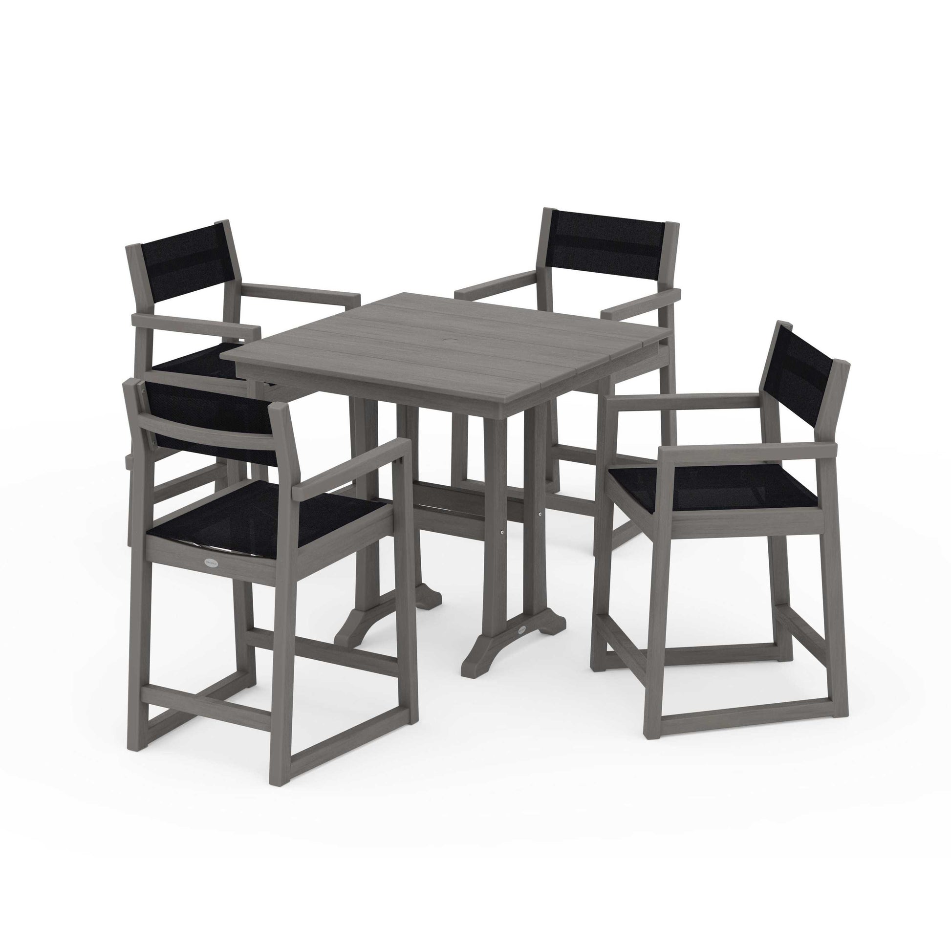 POLYWOOD EDGE Sling Arm Chair 5-Piece Farmhouse Counter Set with Trestle Legs — Driftwood / Black Sling