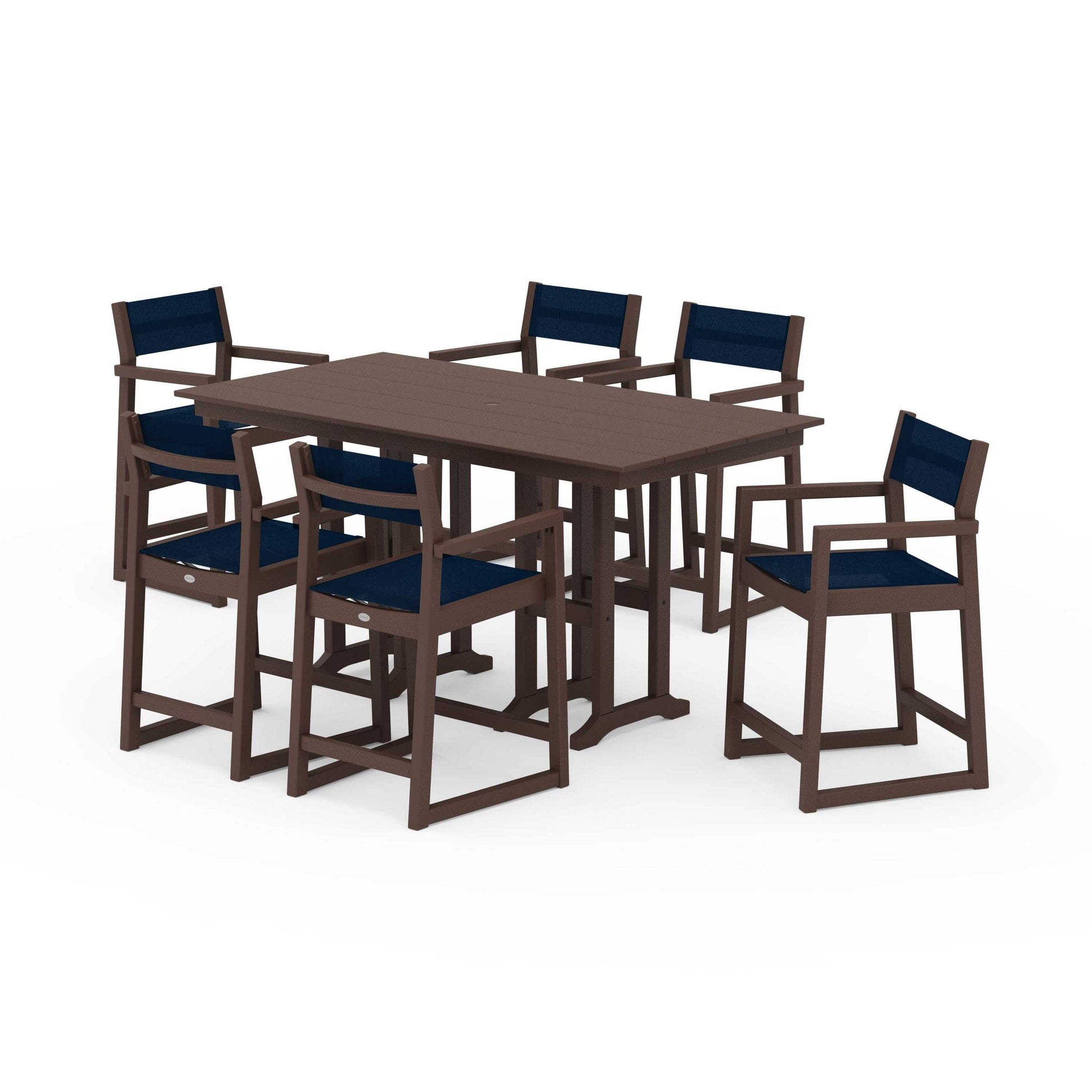 POLYWOOD EDGE Sling Arm Chair 7-Piece Farmhouse Counter Set — Mahogany / Navy Blue Sling