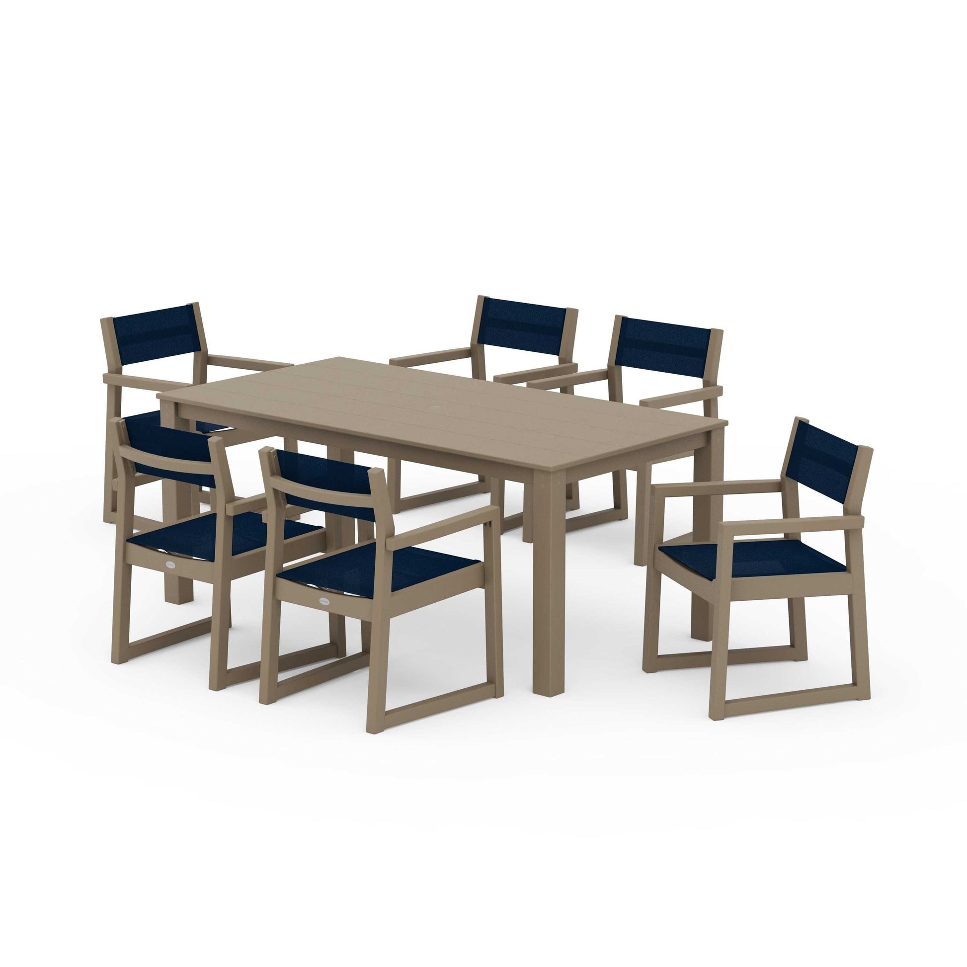 POLYWOOD EDGE Sling Arm Chair 7-Piece Parsons Dining Set — Vintage Sahara / Navy Blue Sling