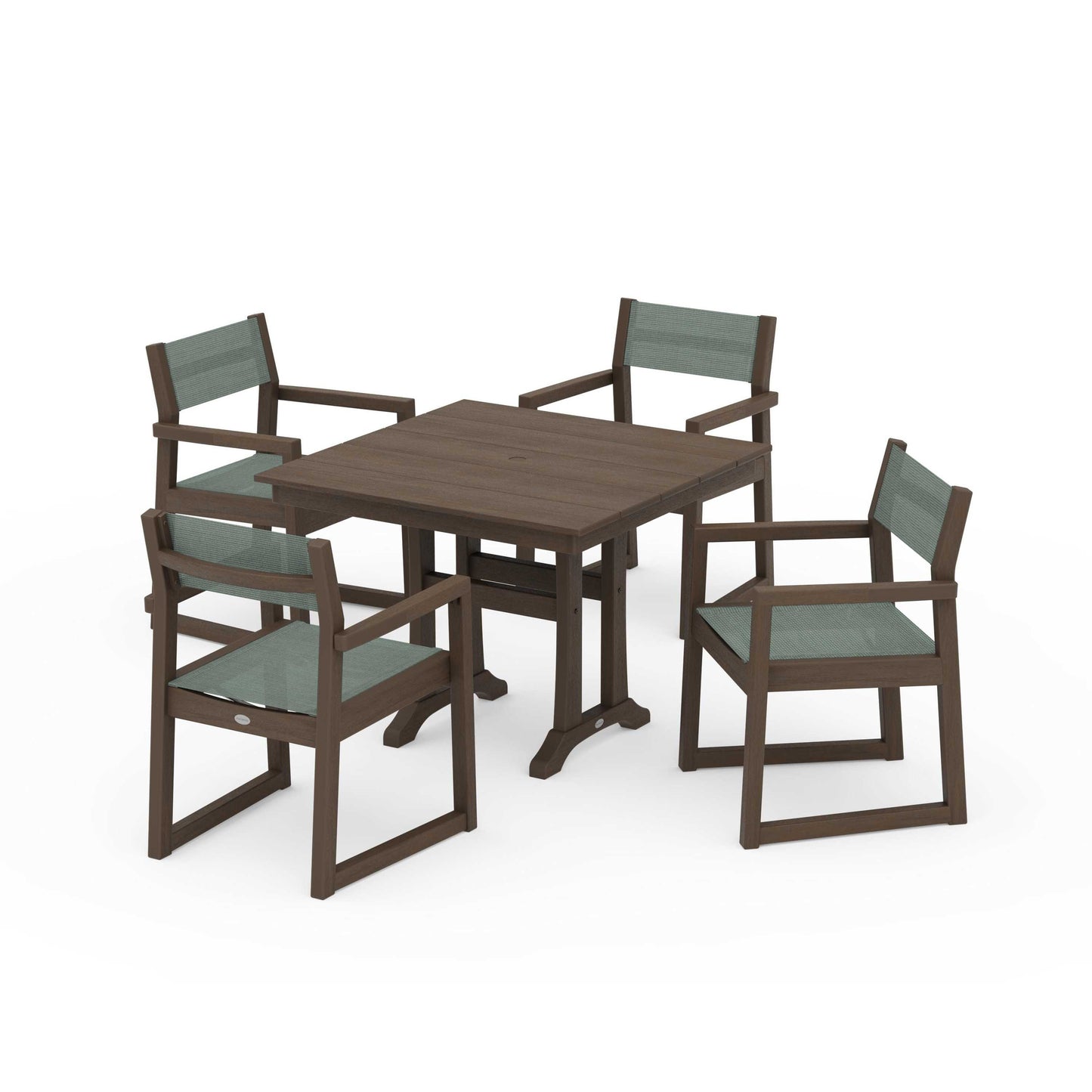 POLYWOOD EDGE Sling 5-Piece Farmhouse Dining Set with Trestle Legs — Kona / Dupioni Sea Mist Sling