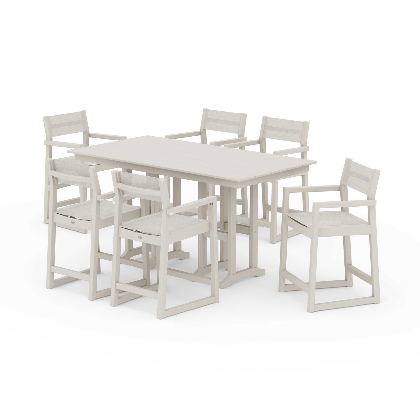 POLYWOOD EDGE Sling Arm Chair 7-Piece Farmhouse Counter Set — Sand / Parchment Sling