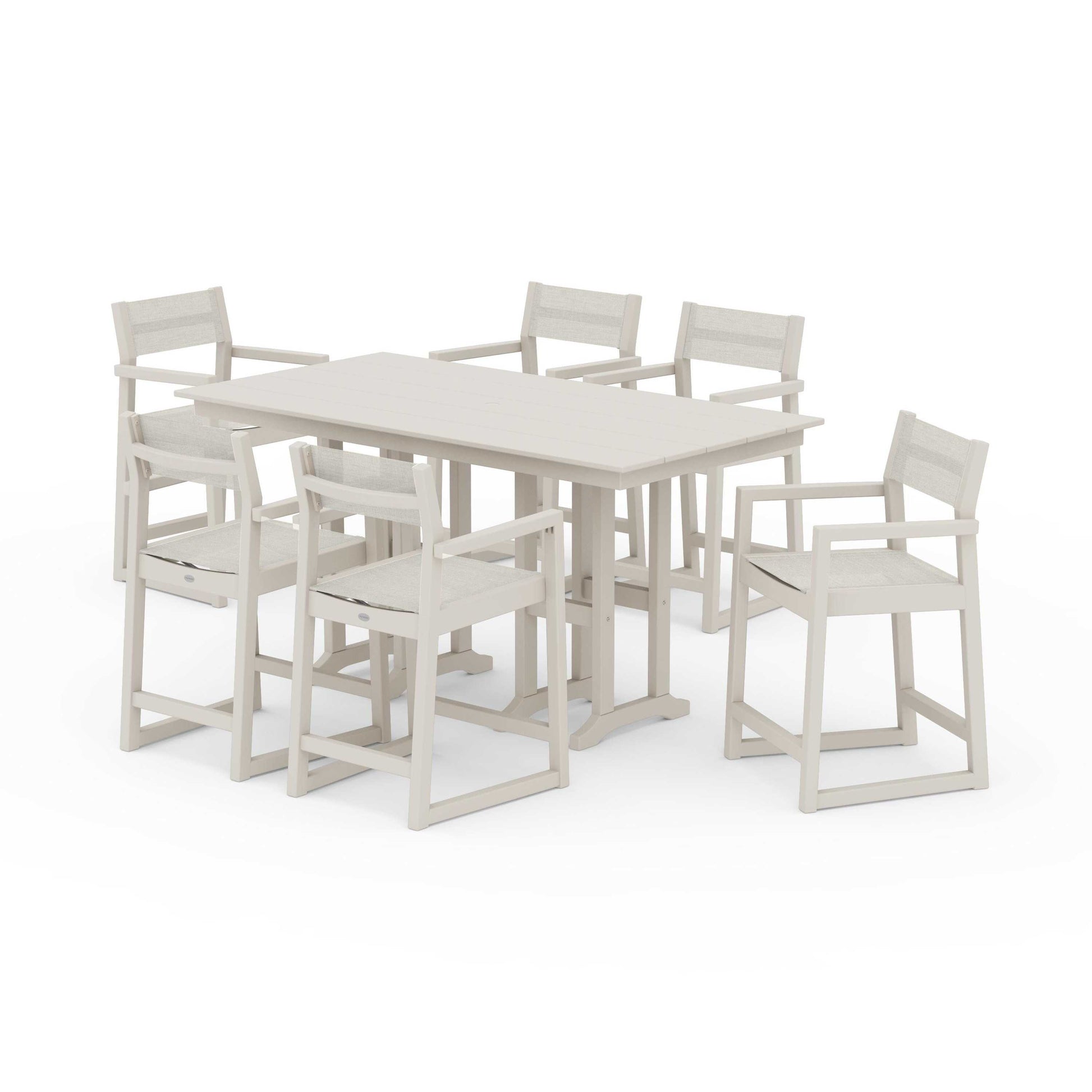 POLYWOOD EDGE Sling Arm Chair 7-Piece Farmhouse Counter Set — Sand / Parchment Sling