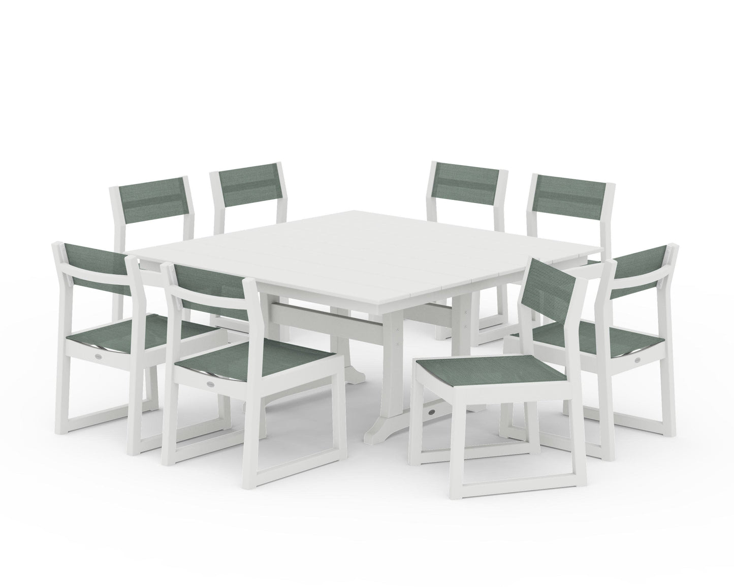POLYWOOD EDGE Sling Side Chair 9-Piece Farmhouse Trestle Dining Set — Vintage White / Dupioni Sea Mist Sling