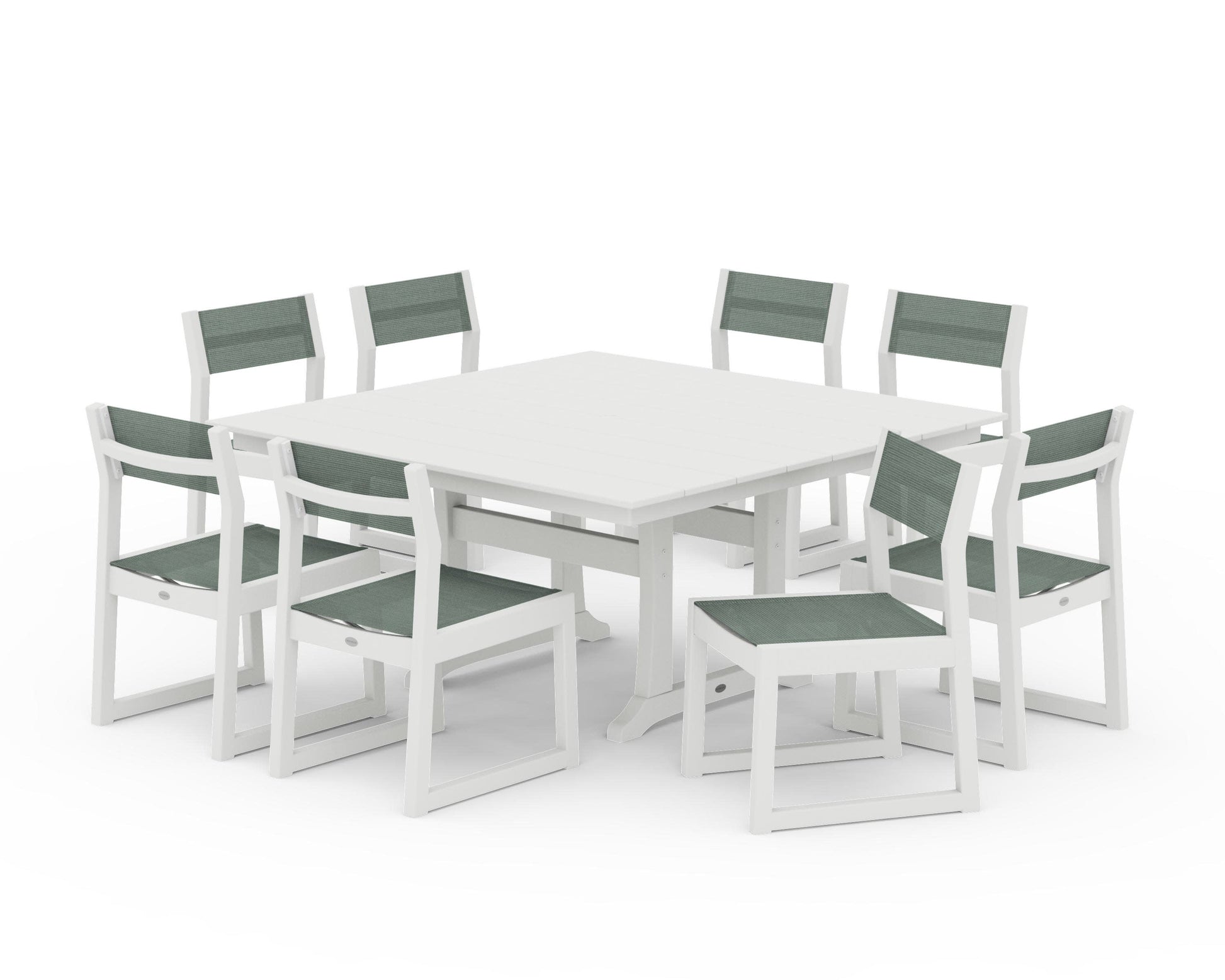 POLYWOOD EDGE Sling Side Chair 9-Piece Farmhouse Trestle Dining Set — Vintage White / Dupioni Sea Mist Sling