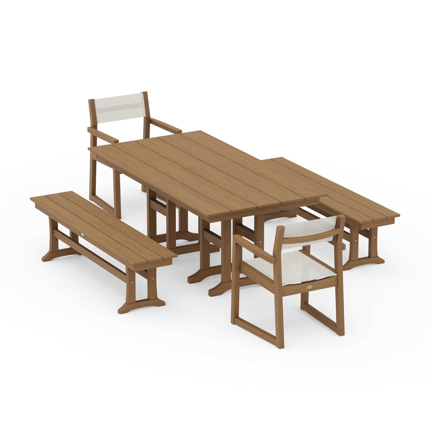 POLYWOOD EDGE Sling Arm Chair 5-Piece Farmhouse Dining Set with Benches — Natural / Parchment Sling
