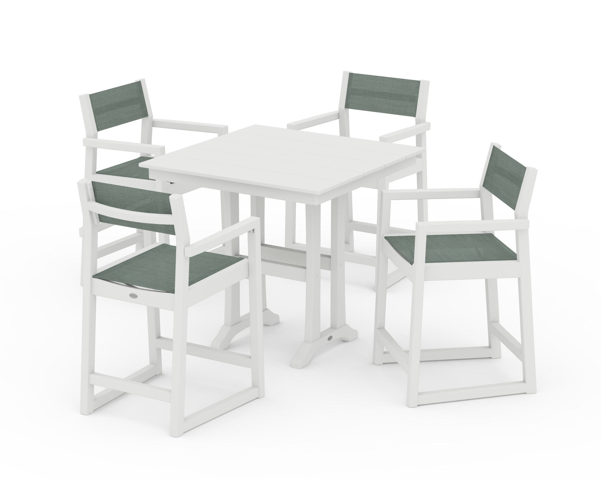 POLYWOOD EDGE Sling Arm Chair 5-Piece Farmhouse Counter Set with Trestle Legs — Vintage White / Dupioni Sea Mist Sling
